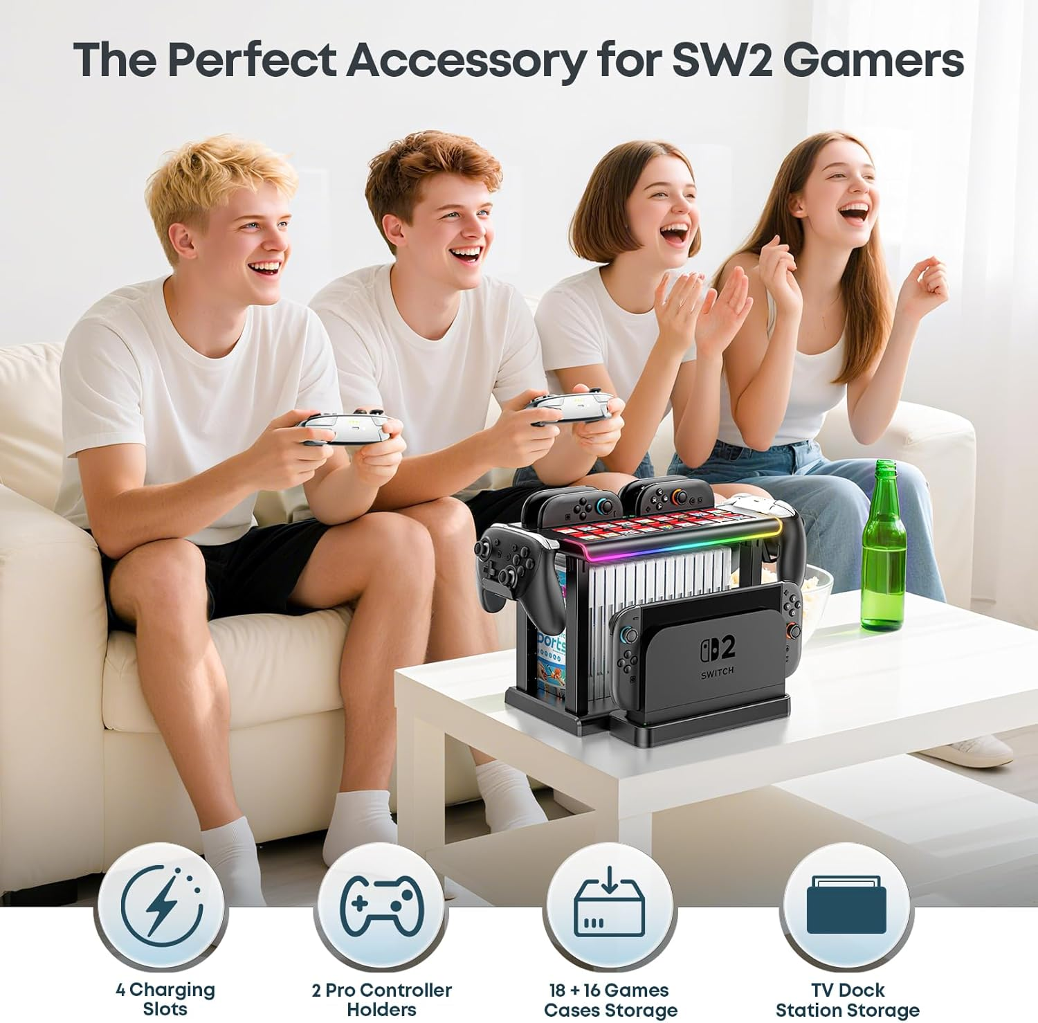 Gersker Switch 2 Organizer Station with Controller Charger Dock Compatible with Switch 2 Joycon, Switch 2 Storage Stand Holds TV Dock, 16 Game Cases, 18 Game Cards, and 2 Pro Controllers image number 3