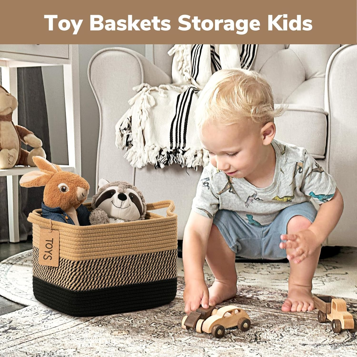 Storage Basket, Woven Baskets for Shelves, Cotton Rope Basket for Toys, Towel Baskets for Bedroom, 33 X 25 X 23Cm, 3 Pack, Black Jute image number 5