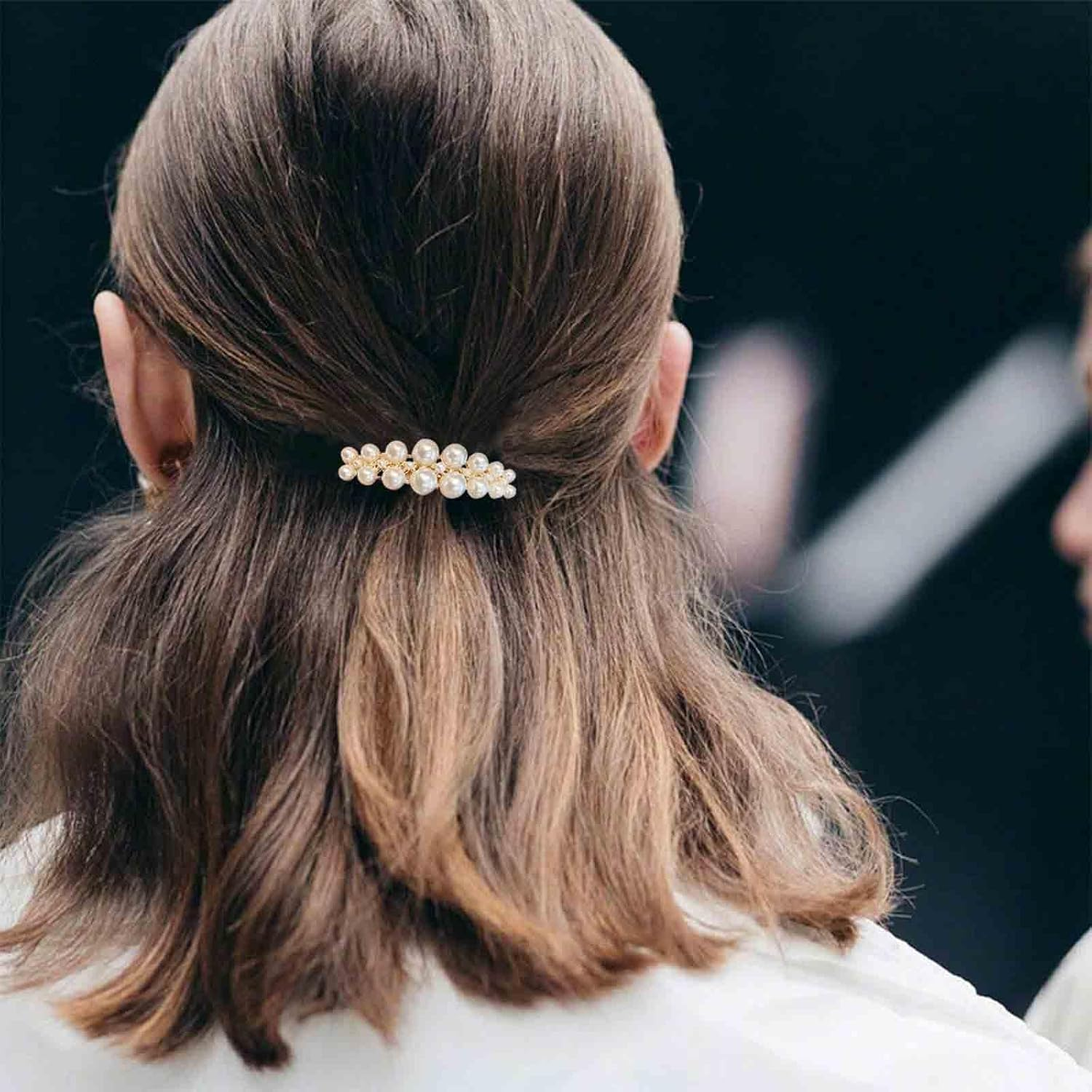 Enautoabs Vintage Pearl Hair Clip Barrette Pearl French Hair Clip Gold Pearl Hair Clip Pearl Wedding Hair Pin Clip Imitation Pearl Ponytail Clip Decorative Hair Accessories image number 2