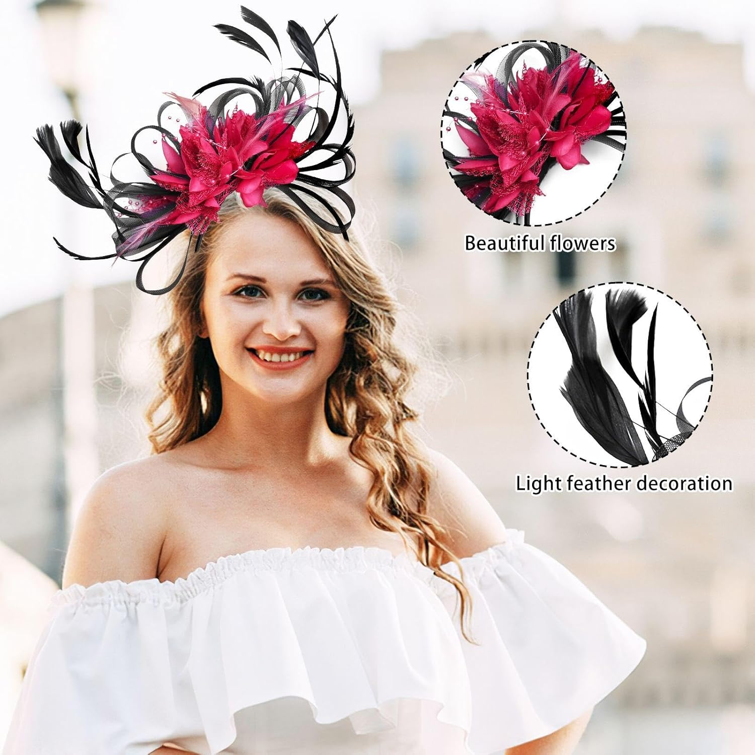1 X Flower Feather Headband and 1 Pair of Black Gloves, Elee Retro Hair Accessories, Party Clothing Accessories image number 5