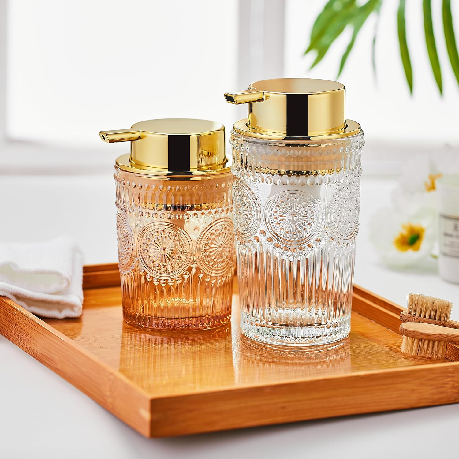 Glass Liquid Soap Dispenser, Refillable Liquid Dispenser with Gold Pump, Hand Soap Dispenser for Bathroom Kitchen, Modern Home Bathroom Decor （Liquid Type/Large Clear） - Foam Type/Large Gold image number 5