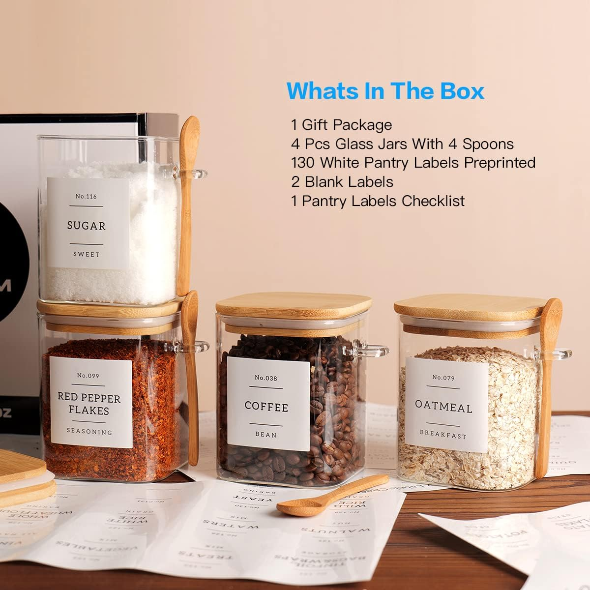 CZZGSM Set of 4 Square Glass Jar with Bamboo Lids and Spoons &ndash; Airtight 27 Oz Borosilicate Glass Food Storage Contaienrs with 132 Kitchen Pantry Labels for Coffee, Tea, Sugar image number 3