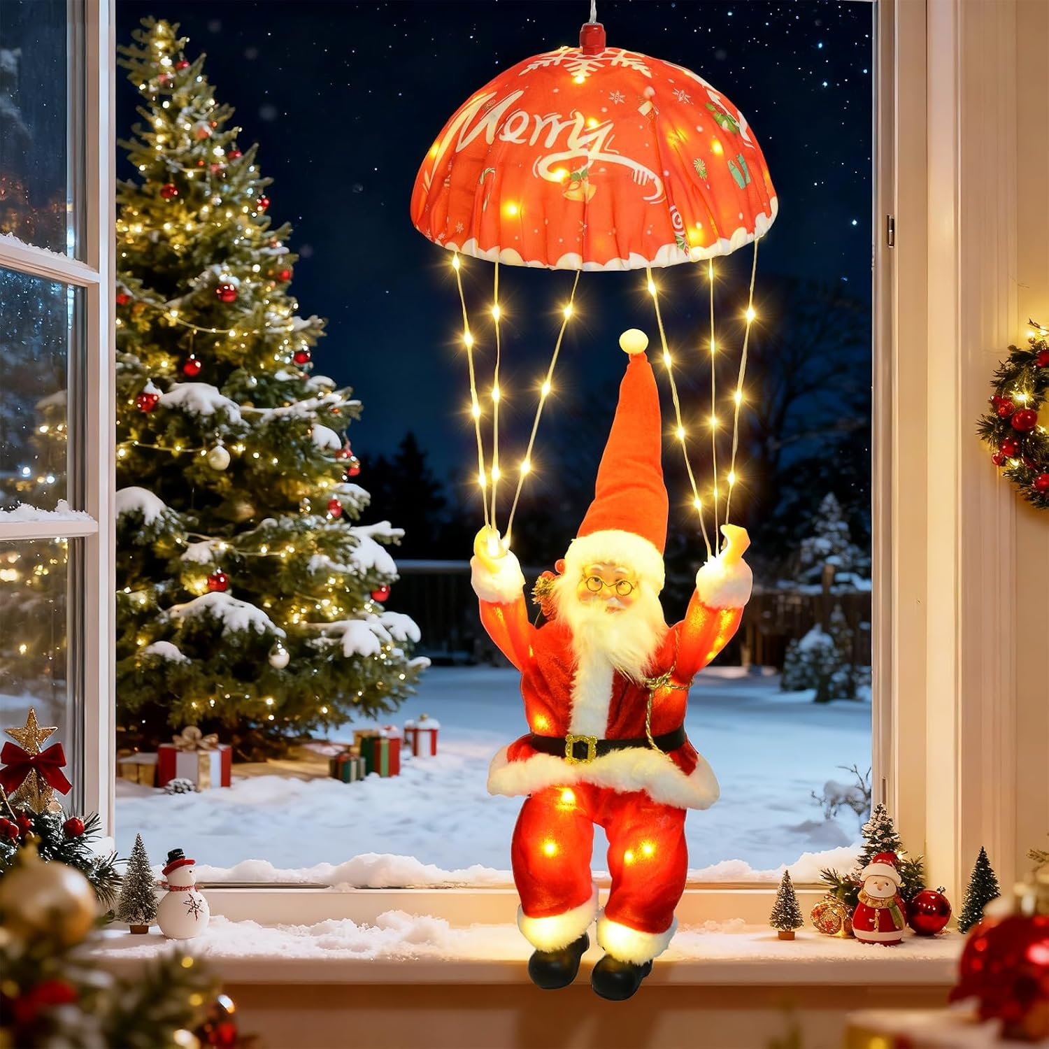 Qoosea Santa Claus Parachute Fairy Lights, 63 Cm, 88 LED Christmas Fairy Lights, USB with Timer, 8 Modes, Christmas Lighting for Christmas Tree, Window, Balcony, Indoor, Outdoor, Christmas Decoration image number 2