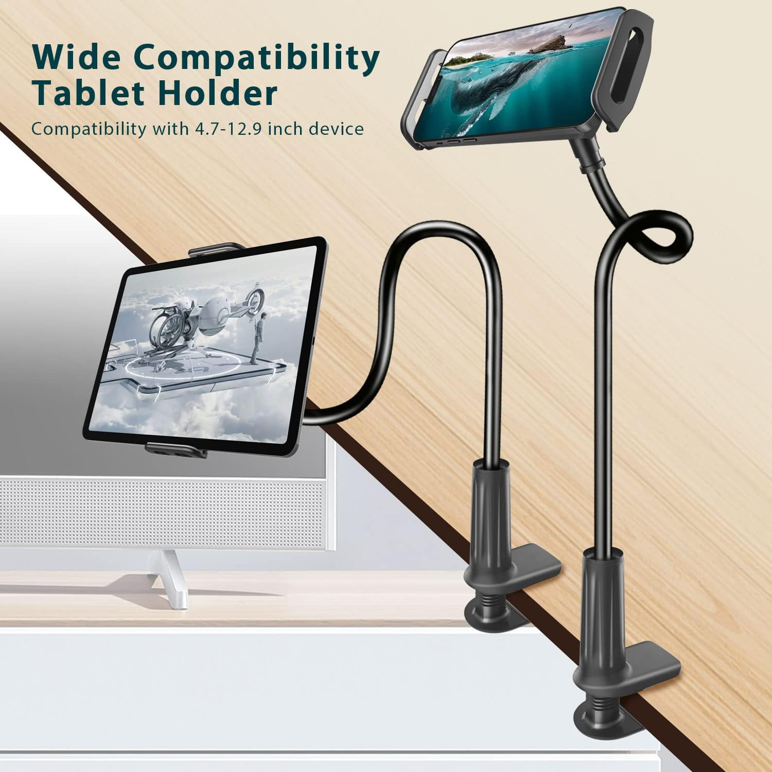 GVTECH Gooseneck Tablet Stand, Universal Tablet Mount Holder 360 Flexible Lazy Arm Holder Clamp Mount Bracket Bed for 4.6"-11" Ipad Air Pro Mini, Samsung, Huawei Tab, Iphone, Switch, More Devices