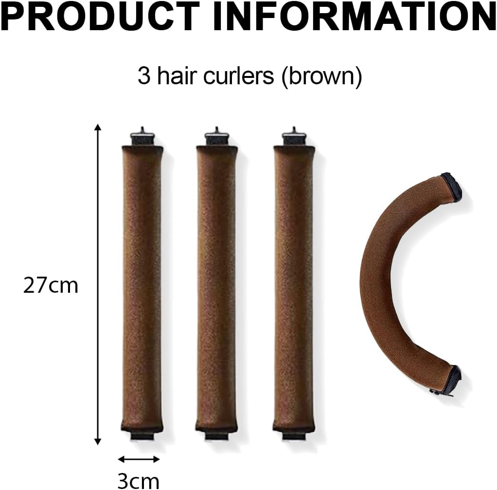 Pack of 3 Heat-Free Curlers, Overnight Curlers with Hooks, Heatless Curls for All Hair Types, Brown Cotton Flexi Rod Hair Rollers image number 3