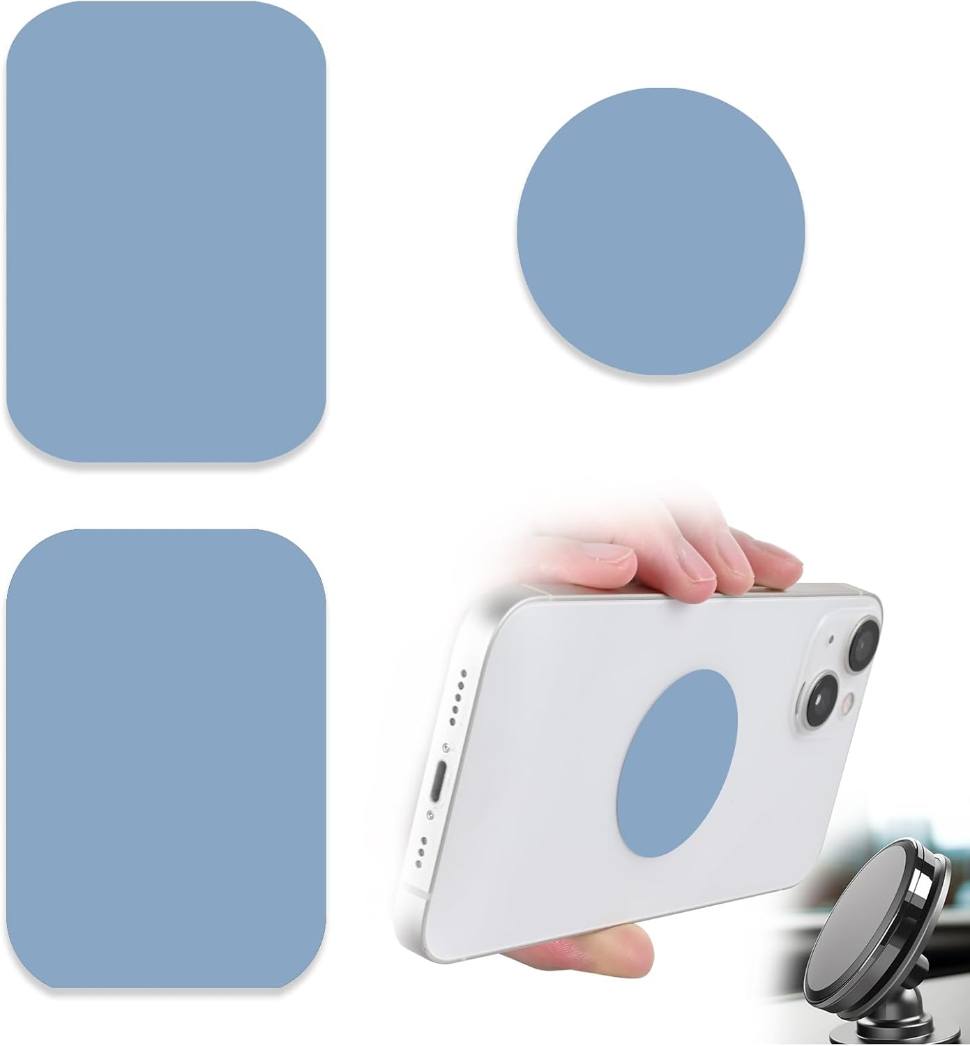 Phone Magnets for Back of Phone, Universal Metal Plates, 2 Rectangular and 2 round with Adhesive, Car Phone Magnets (White)