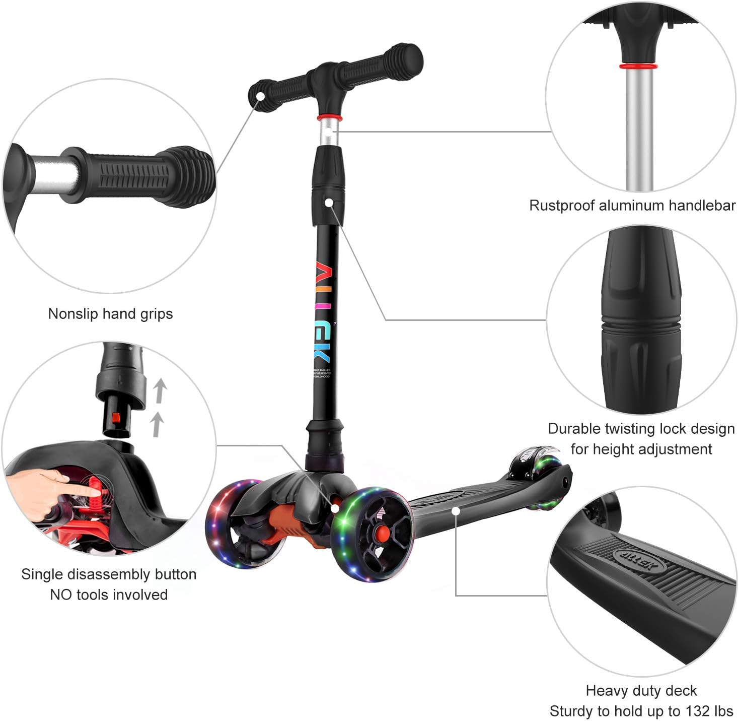 Allek Kick Scooter B02, Lean 'N Glide Scooter with Extra Wide PU Light-Up Wheels and 4 Adjustable Heights for Children from 3-12Yrs image number 1