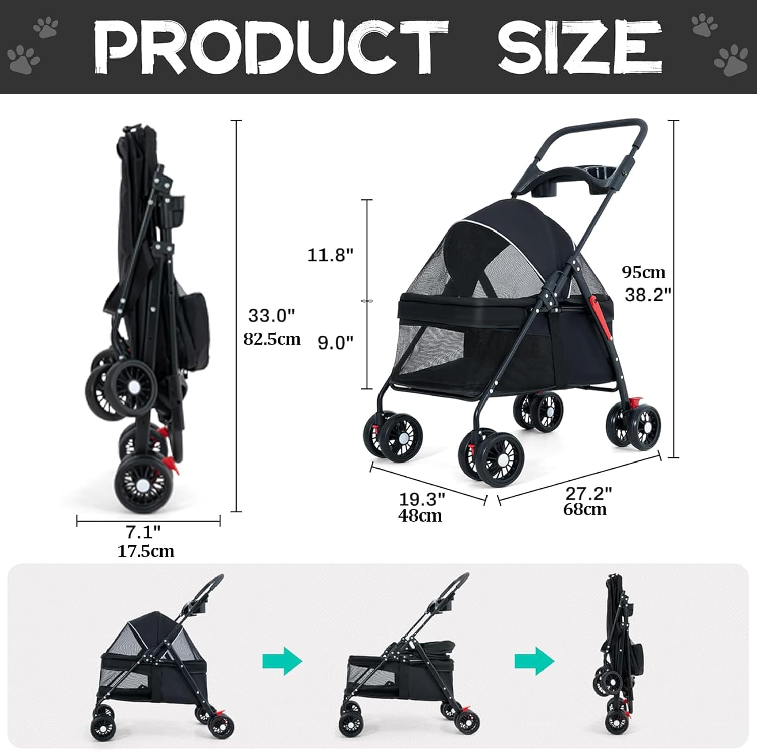 4 Wheels Dog Cat Stroller, Foldable Pet Folding Stroller with Storage Basket and Cup Holder for Medium Small Dogs Cats, Black image number 4