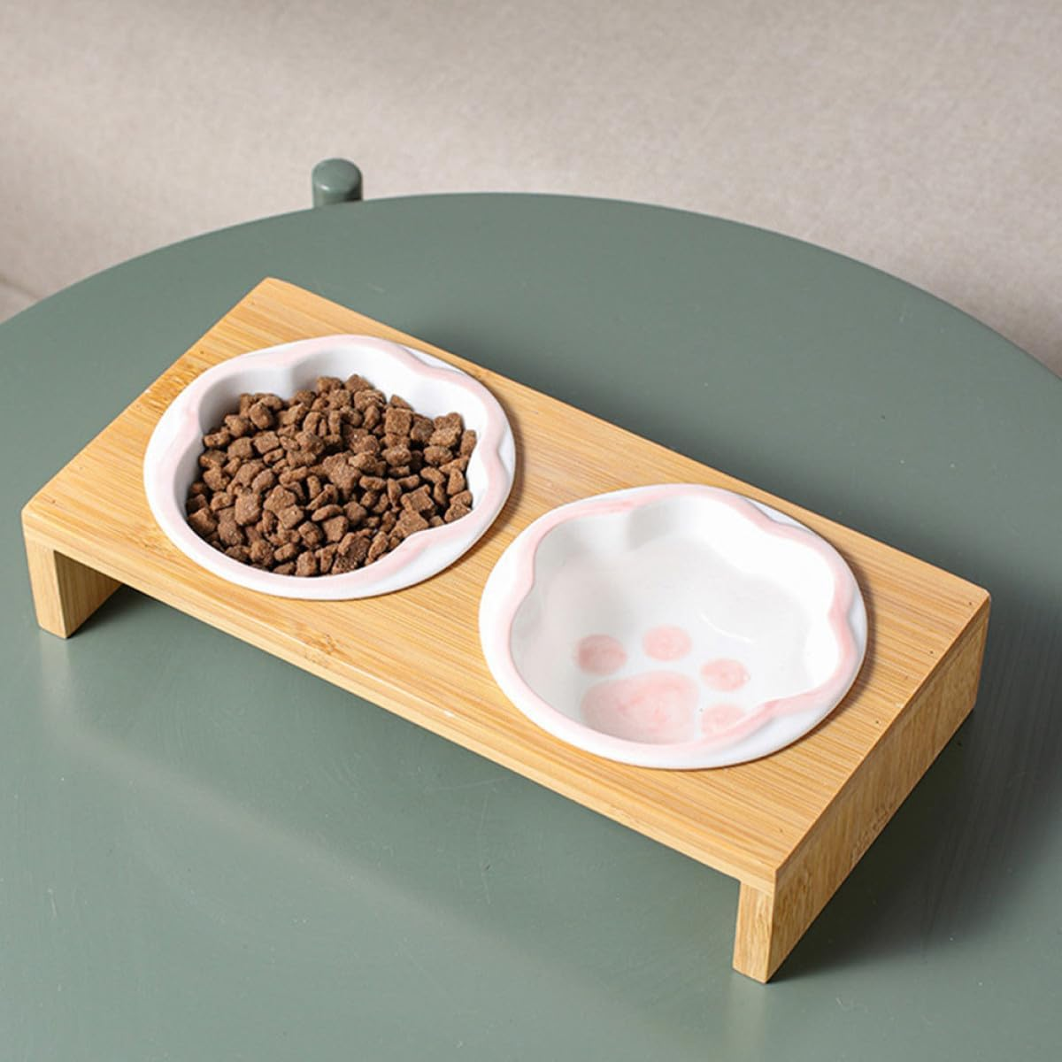 Kisangel Ceramic Cat Feeding Bowl Set with Elevated Rack, Anti-Slip Reusable Pet Food Bowls for Cats and Kittens, Comfortable Height for Healthy Dining and Neck Protection