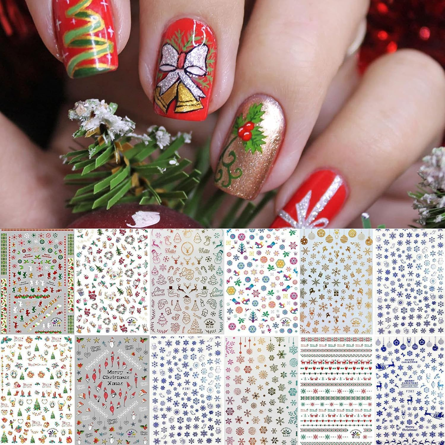 Kalolary 8Sheets Christmas Full Wraps Self-Adhesive Nail Polish Stickers with 1Pcs Nail File, Christmas DIY Nail Art Stencil Christmas Tree Snowflake Elk Nail Wraps Decal Strips Manicure Kit