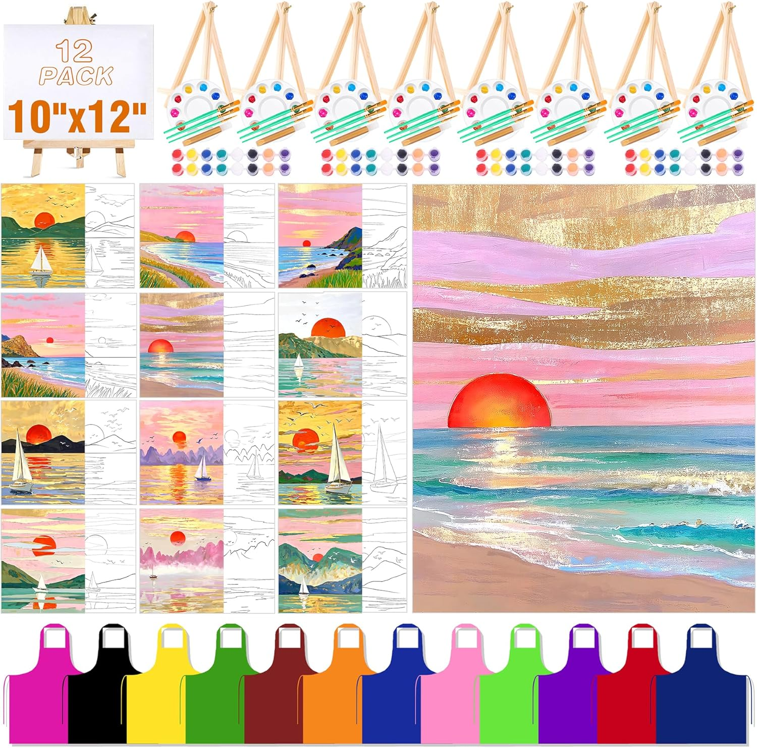 QUANWAISJ 12-Pack 10''X12''Sip and Paint Kit for Adults, Girls' Night Pre-Drawn Canvas,Painting Kits for Adults, Party Supplies, DIY Craft (Golden Beach) image number 2