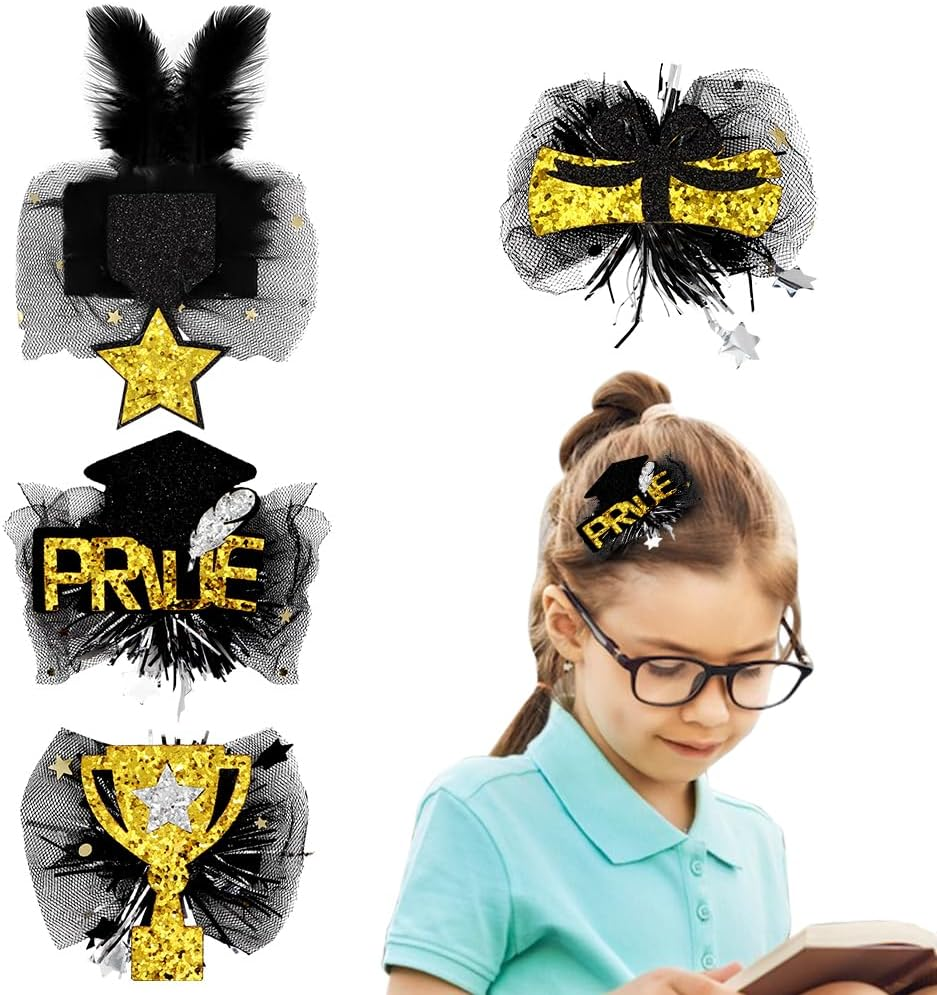 4 Pack Graduation Hair Clips Black with Gold and Silver Hair Accessories Graduation Cap Star Glitter Sequins Hair Clip Crocodile Clip for 2024 Graduation Party Decoration