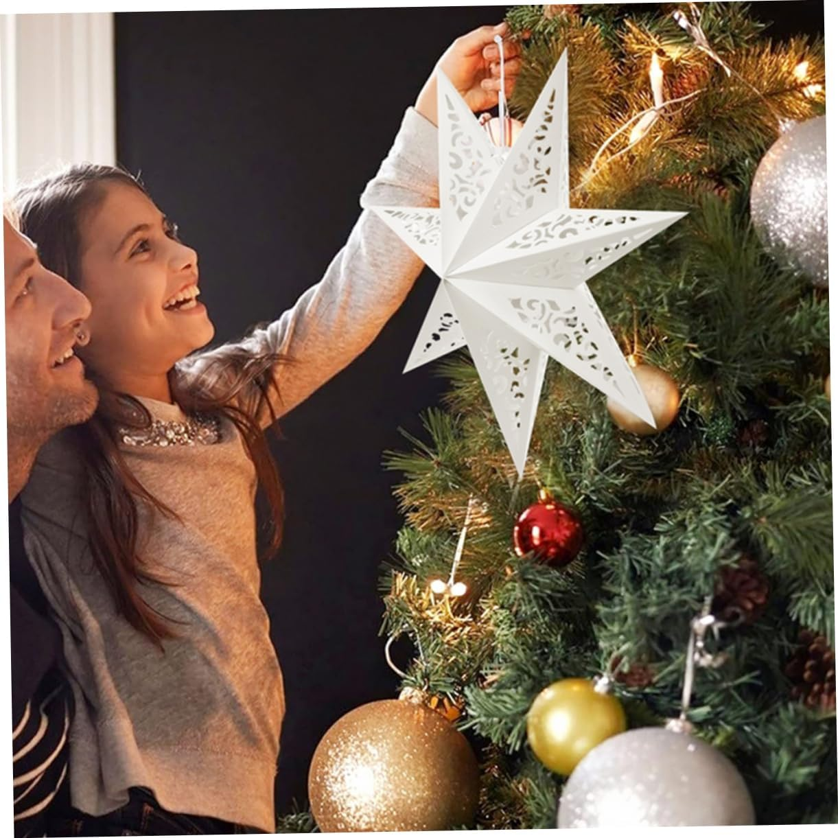 ULTECHNOVO 5Pcs White Paper Star Lanterns Hanging Decorations with String Elegant Pointed Star Lampshades for Christmas Wedding Birthday Party Holiday Indoor Outdoor Use image number 3