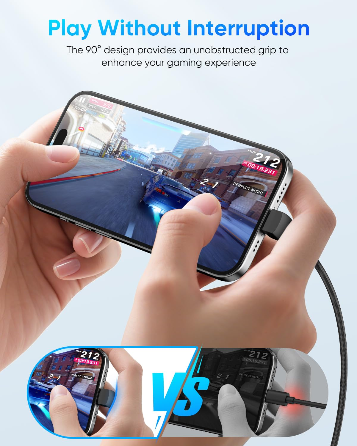 SUNGUY Right Angle USB C Cable, 60W USB C Charging Cable, 90 Degree Nylon Braided Type C Charger Cord for Carplay, Android Auto, Iphone 17/Air/16/15 Series, Samsung, Macbook [1M, Grey, 2Pack] image number 1