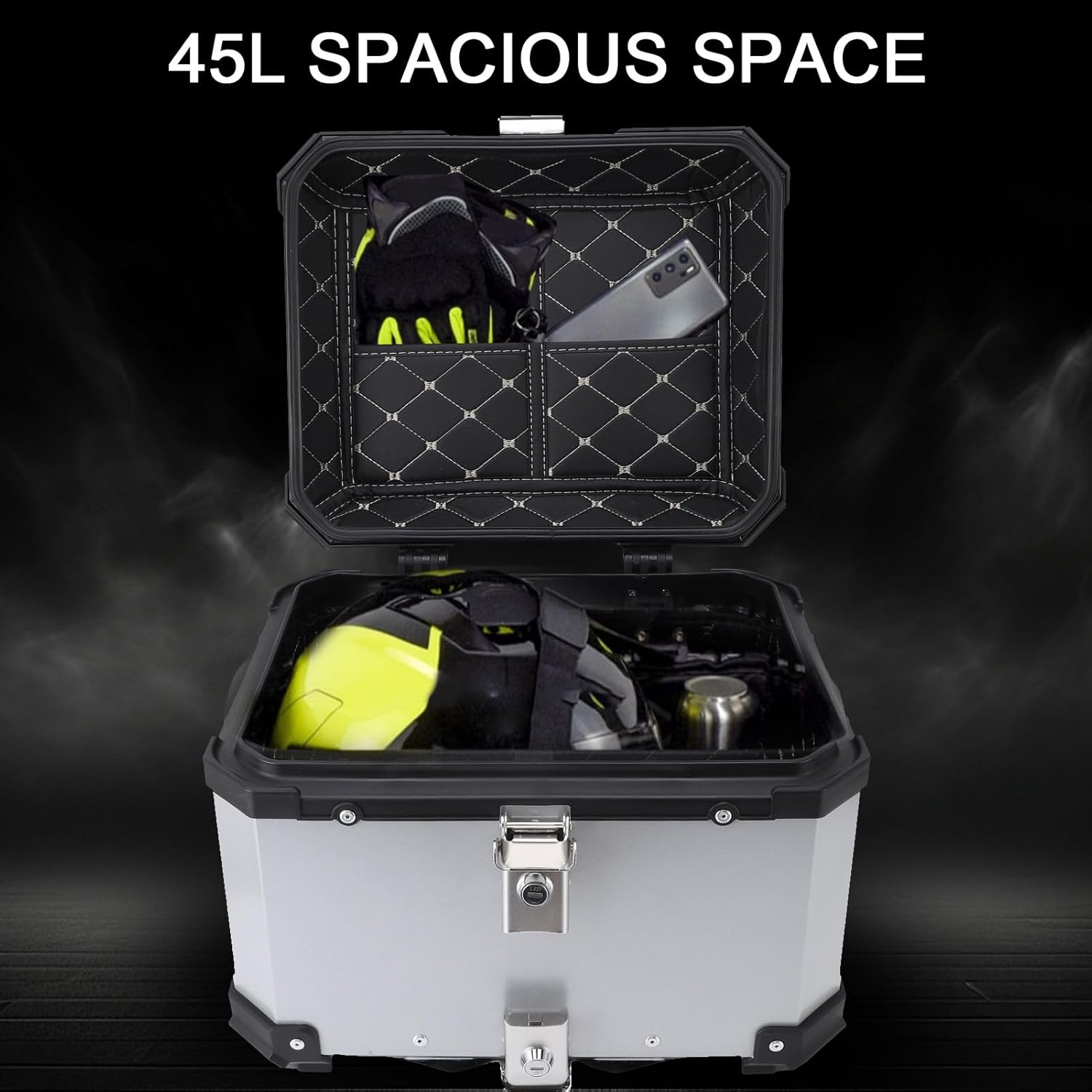 45L Motorcycle Top Case, Aluminum Universal Motorbike Tail Box Trunk Storage with Security Lock for Helmet Luggage, Waterproof Motorcycle Top Box with Back Cushion image number 2