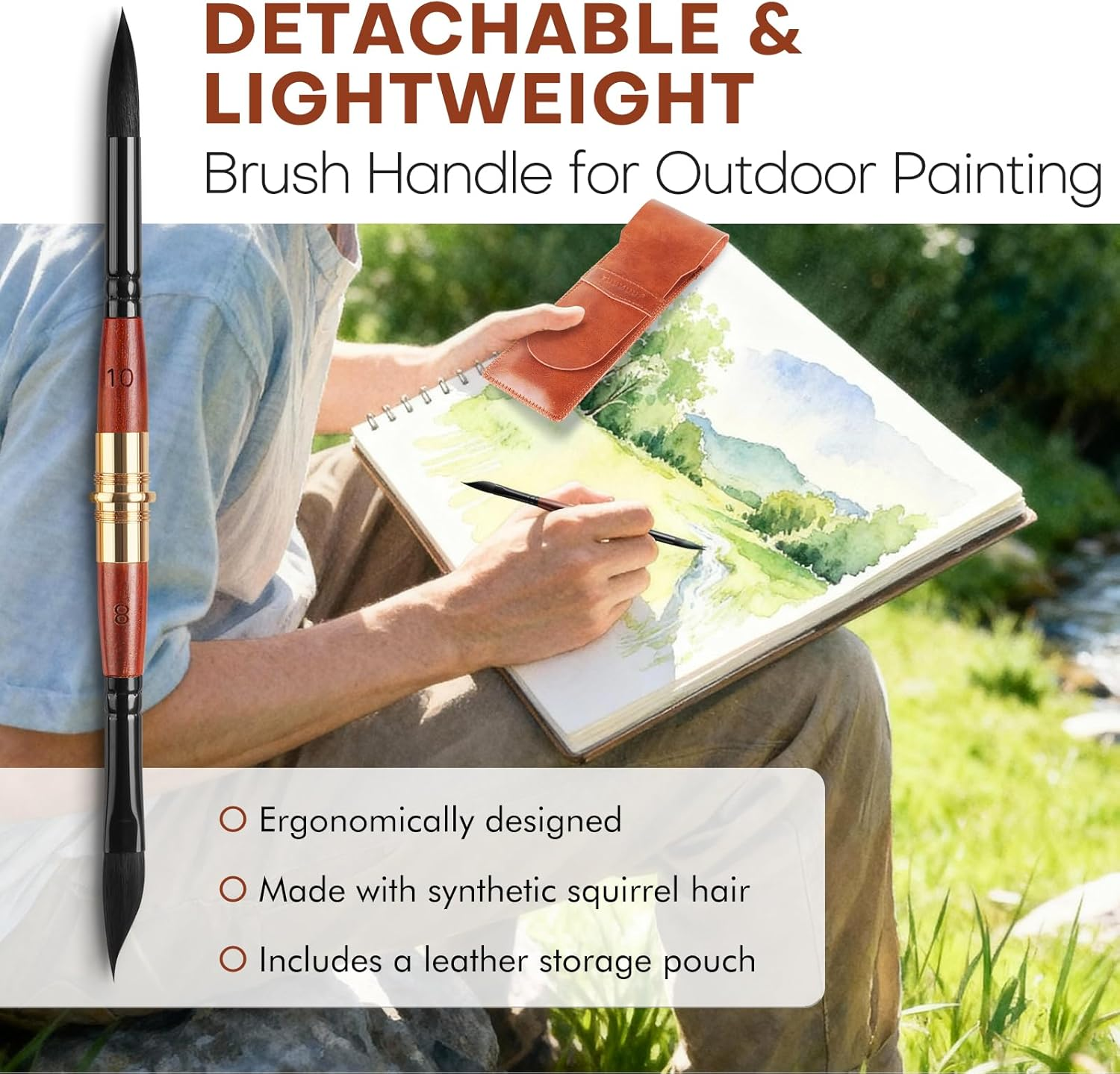 Dual Tip Travel Watercolor Brushes - 3Pcs Synthetic Squirrel Hair Set of 6 Versatile Tips with Leather Pouch Perfect for Watercolor Gouache Ink Painting image number 6