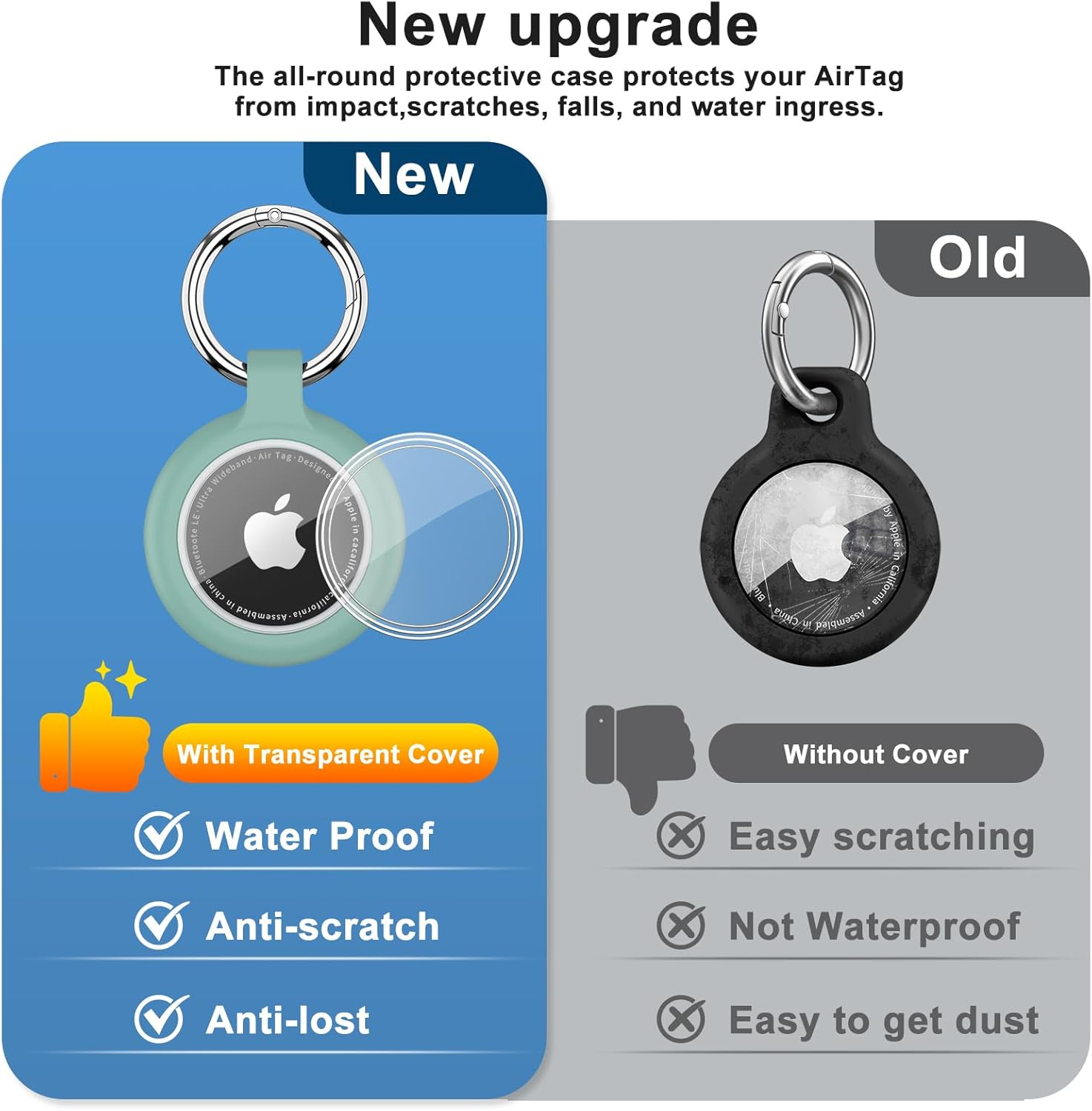 【4 Pack】 for Airtag Holder with Keychain, Upgrade Waterproof Silicone Airtags Key Ring Protective Case Cover Compatible for Apple Air Tag GPS Item Finders Accessories