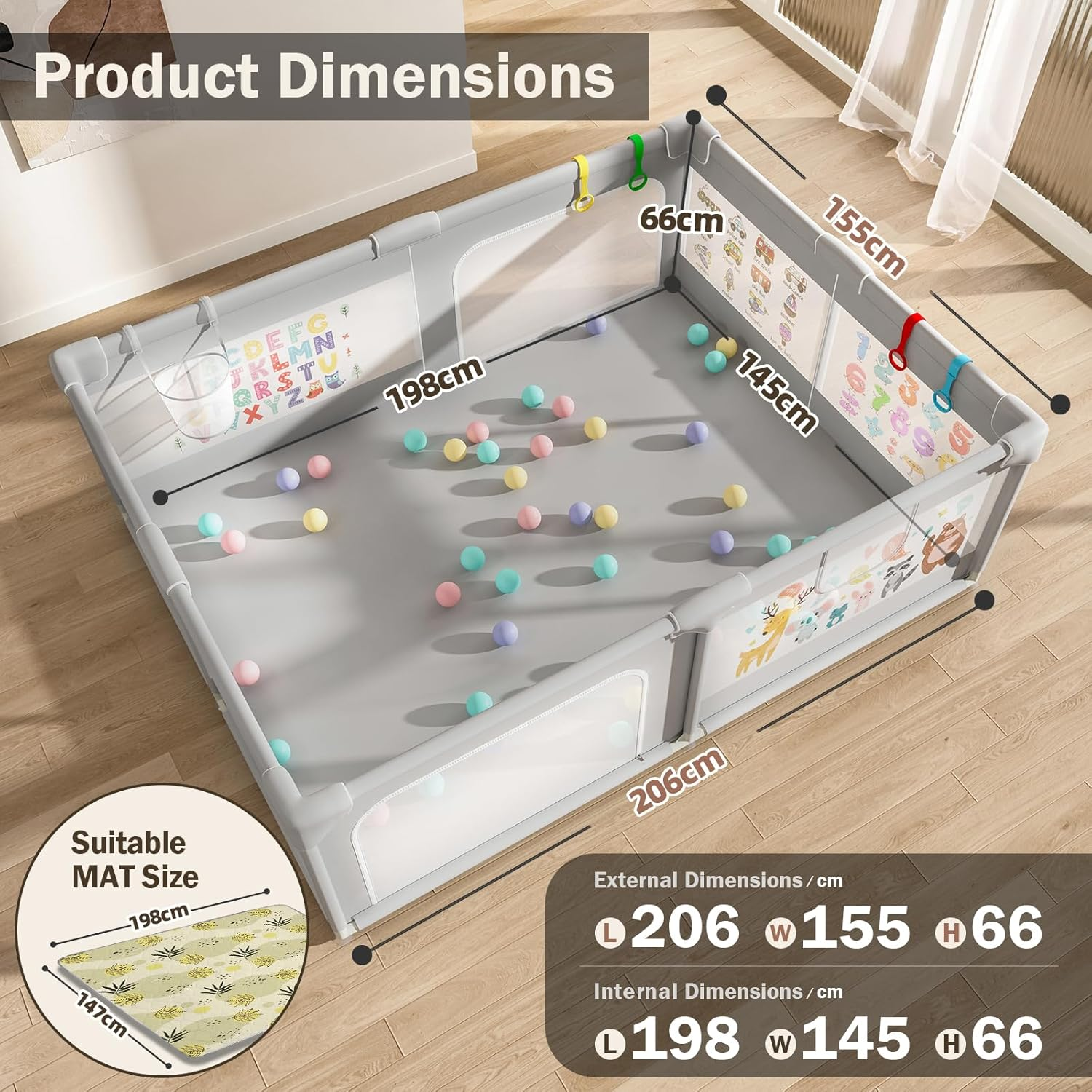 200X150Cm Playpen Baby, Extra Large Play Pen for Toddlers with Pattern Anti-Slip Sturdy Baby Play Yards Fence with 50 Balls, 4 Pull Rings, Balls Storage, Ball Storage & Zipper Door (Gray)