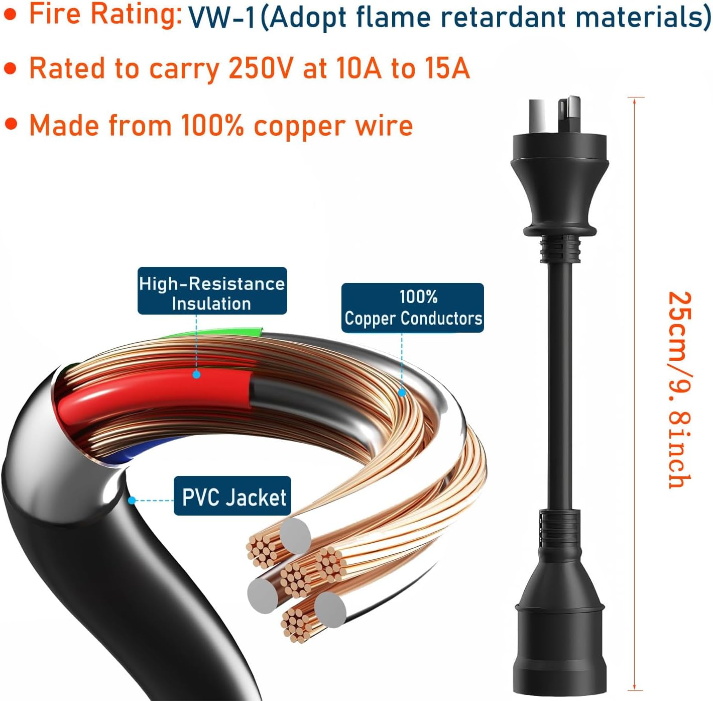 10A Plug to 15A Power Adapter Cord, SAA Approve Heavy Duty 20Cm Length, EV Charging Extension Cable, Portable for Electric Vehicles, RV, Camper, Caravan, Van, Trailer (Black)