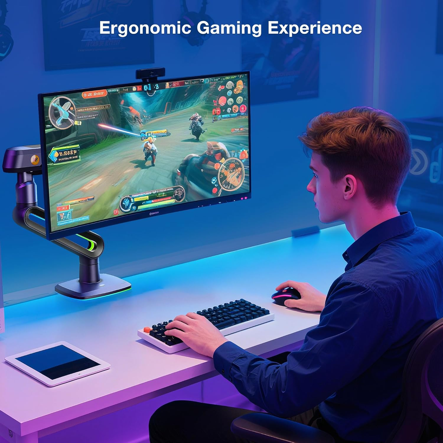 RGB Gaming Monitor Arm for Flat/Ultrawide/Curved Monitors 32 to 60 Inch, Heavy Duty Monitor Stand Load up to 20 Kg, VESA 75/100 Mm Monitor Mount F6-G - Blue image number 2