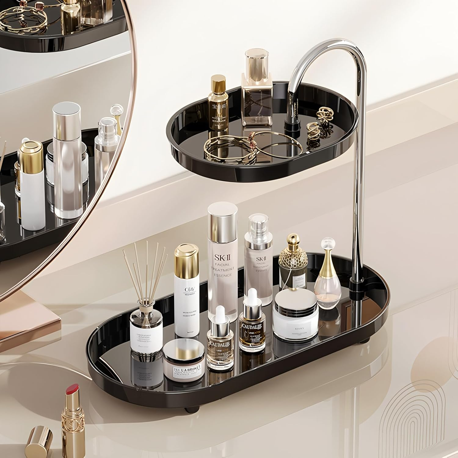 Makeup Perfume Storage Box,Spinning Skincare Cosmetic Organiser 2 Tier Large Beauty Spinny Make up Storage Organiser Shelf for Perfume, Jewellery, Dresser, Vanity, Bedroom, Bathroom (Cream White)