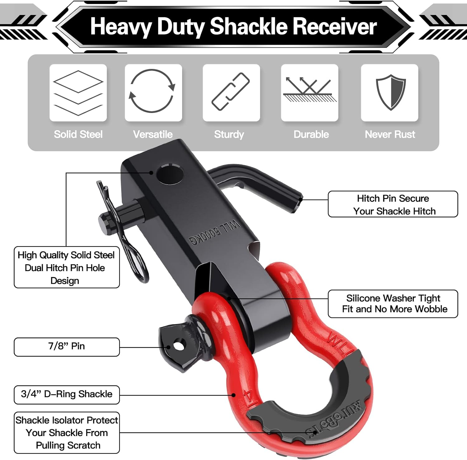 AUTOBOTS Shackle Hitch Receiver 2", 45,000 Lbs Break Strength Heavy Duty Receiver with 5/8" Screw Pin, 3/4" D Ring Shackles, Towing Accessories for Vehicle Recovery Off-Road, Red&Black