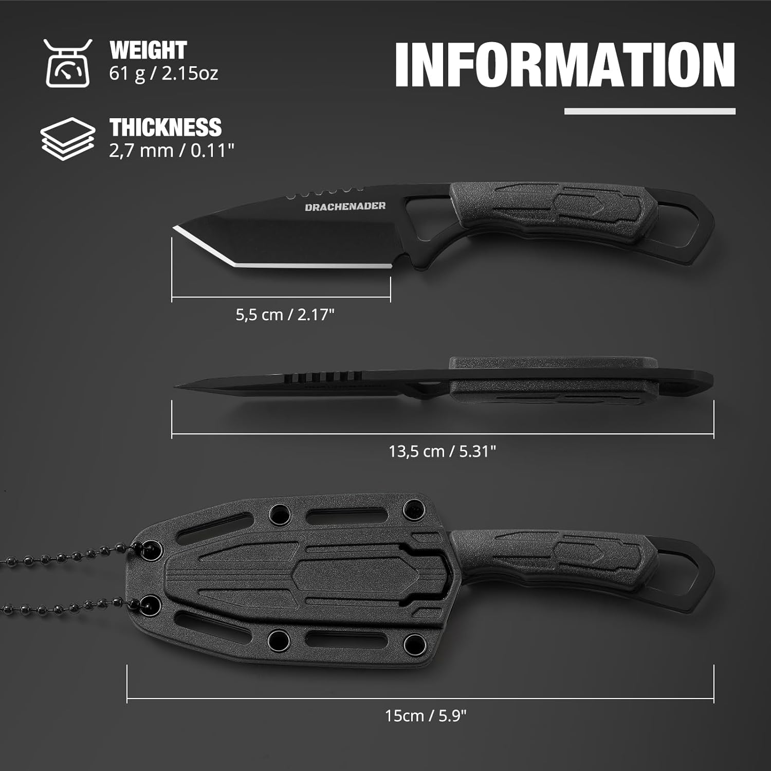DRACHENADER Neck Knife, Tanto Small Fixed Blade Knife 5Cr13Mov Stainless Steel Neck Knife with Sheath and Necklace Plactic Mini Small Edc Knife for Men and Women, Full Black image number 3
