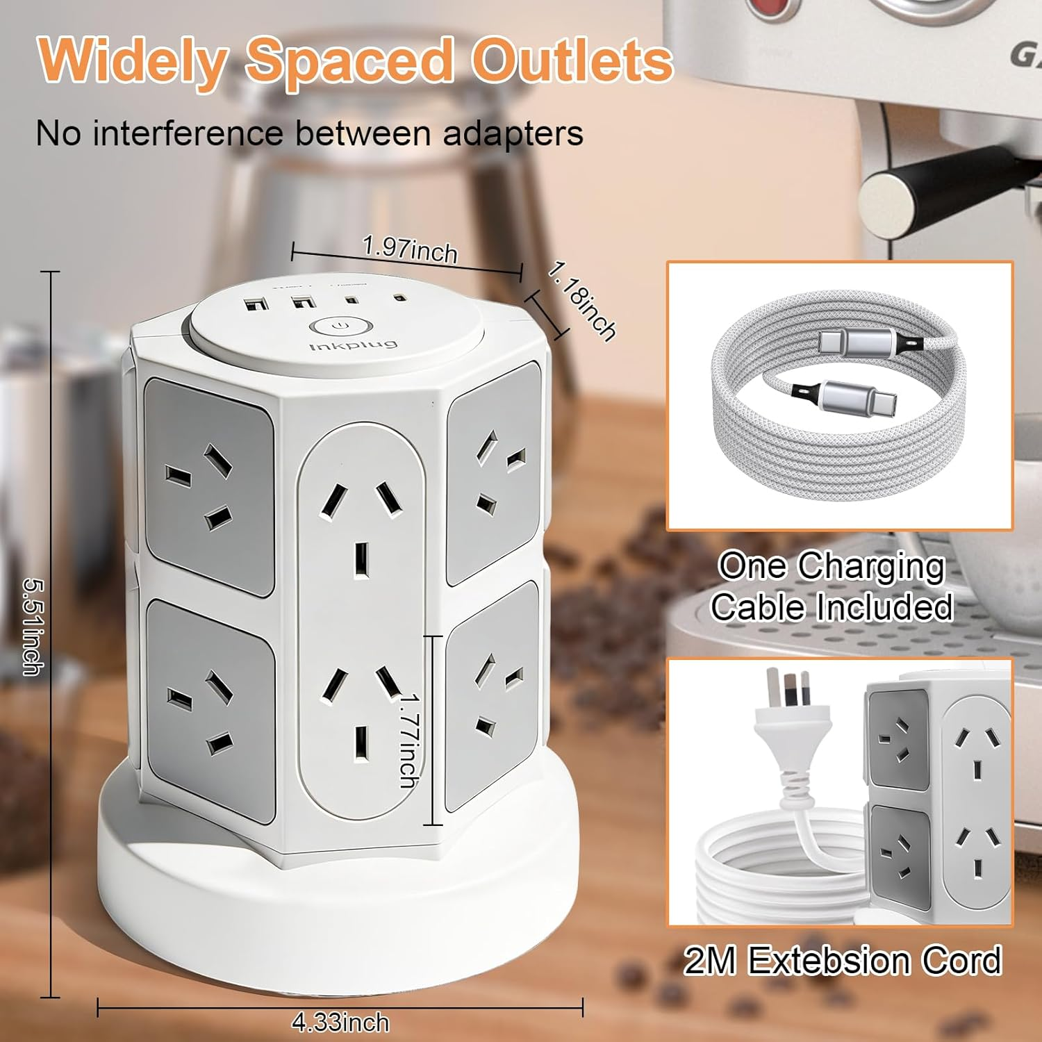 Inkplug Power Board Surge Protected with 12 Widely Outlets, Powerboard with 2 USB C & 2 USB A, 1050J Surge Protector, 2 M Extension Cord, Power Board Tower for Home, Office, School, image number 6