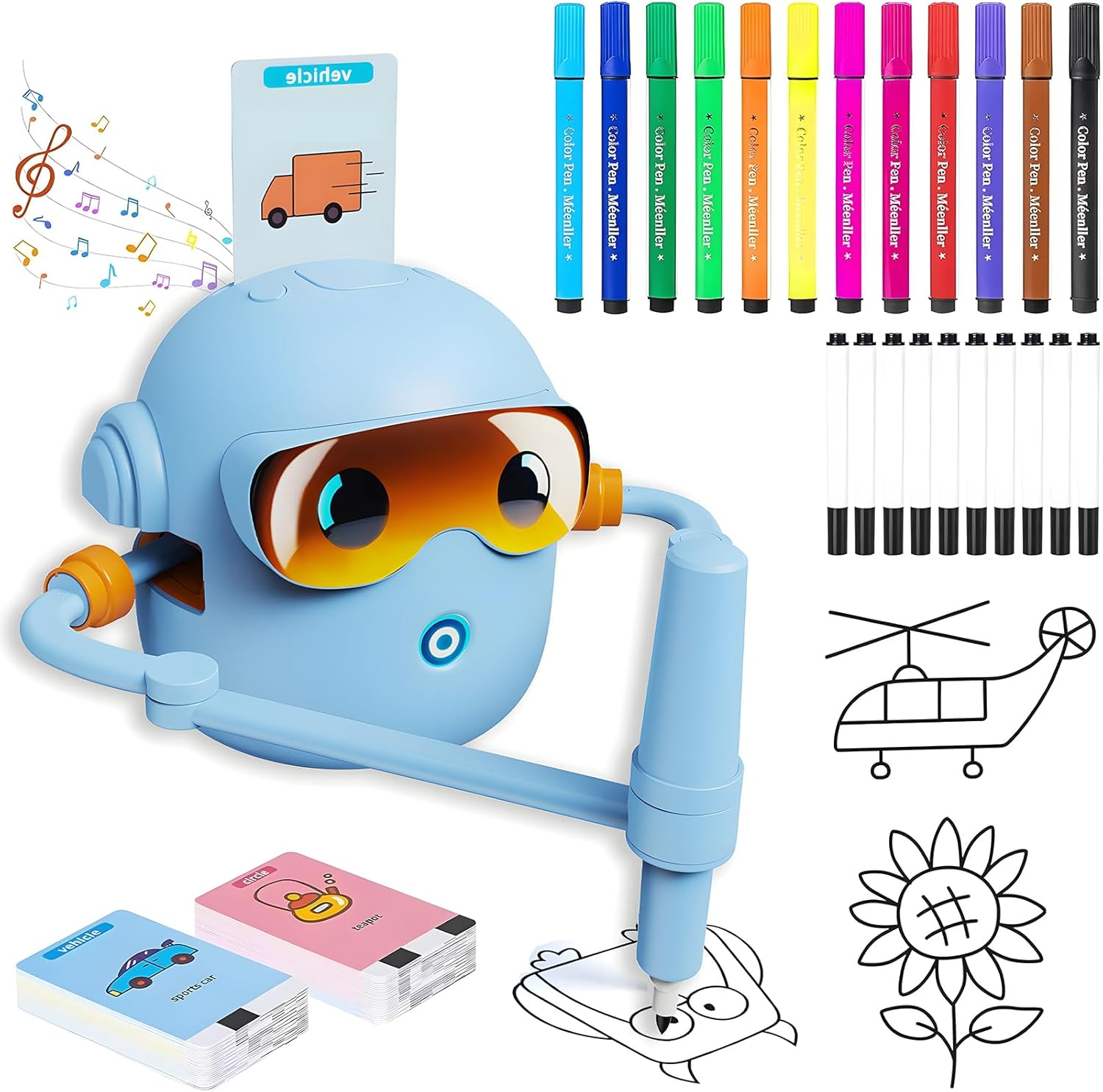 Drawing Robot for Kids,Interactive Educational Drawing Robot for Kids&ndash; Montessori Painting Learning Toys with 100 Word & 22 Pens, Interactive Voice Emo Robots for Boys & Girls Ages 3&ndash;9 (Blue) image number 1