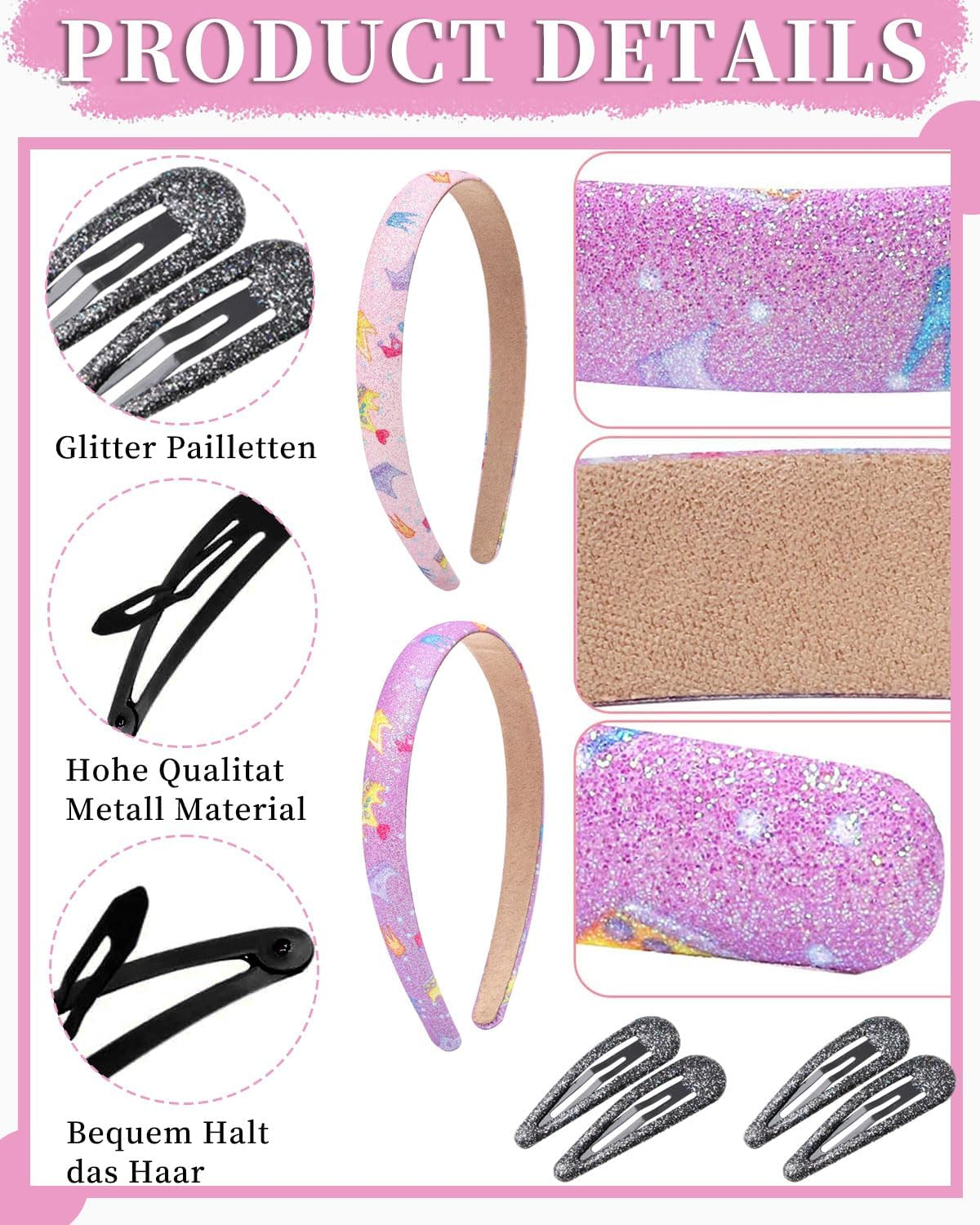 MYGLOAR 6 Pieces Glitter Headbands and Hair Clips for Girls, Cute Non-Slip Headbands with Teeth, Rainbow Coloured, Glittery, Cute Hard Hair Bands, Hair Accessories for Little Girls