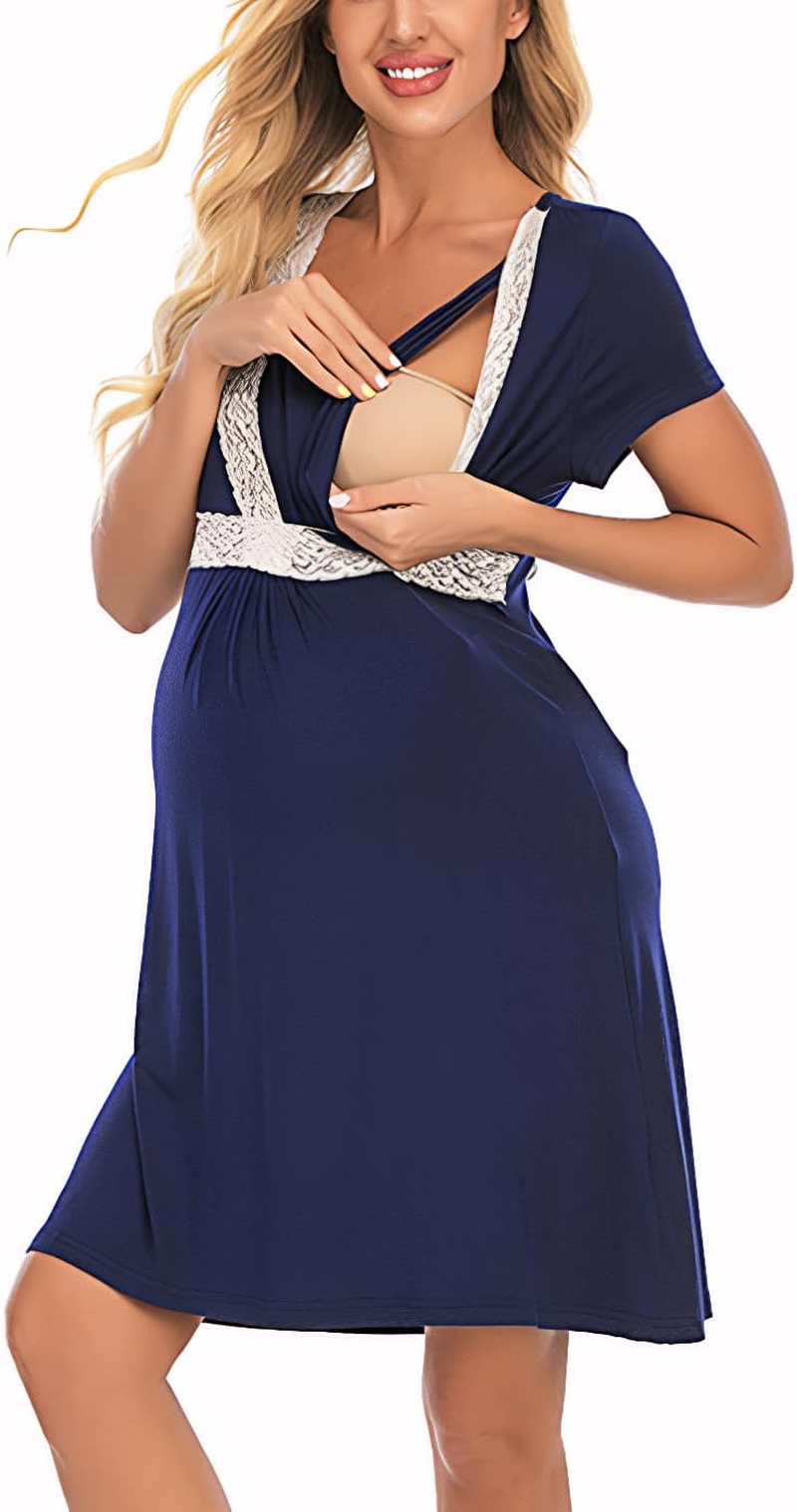 Pregnant Nursing Maternity Lounge Set, Lace Trim Home Sleepwear, Comfortable Casual Nightgown for Expectant and Nursing Moms image number 1