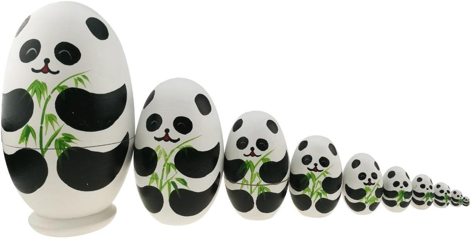 Handmade Wooden Stacking Panda Nesting Dolls - Set of 10 Cute Panda Bear Egg Shaped Matryoshka Babushka Dolls for Kids image number 2