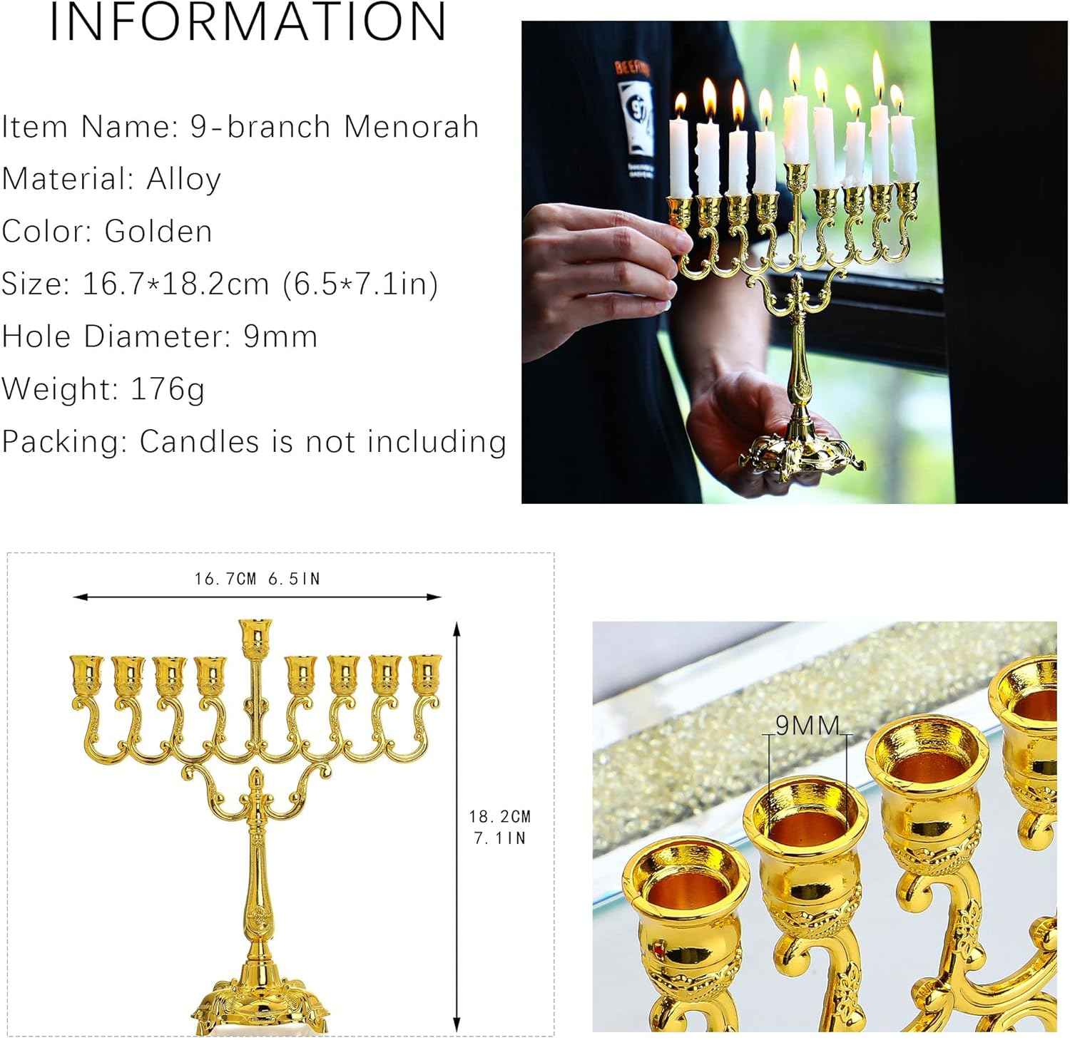 Hanukkah Menorah 9 Branch Gold Plated Jewish Menorahs for Chanukah Candle Holder Shabbat image number 1