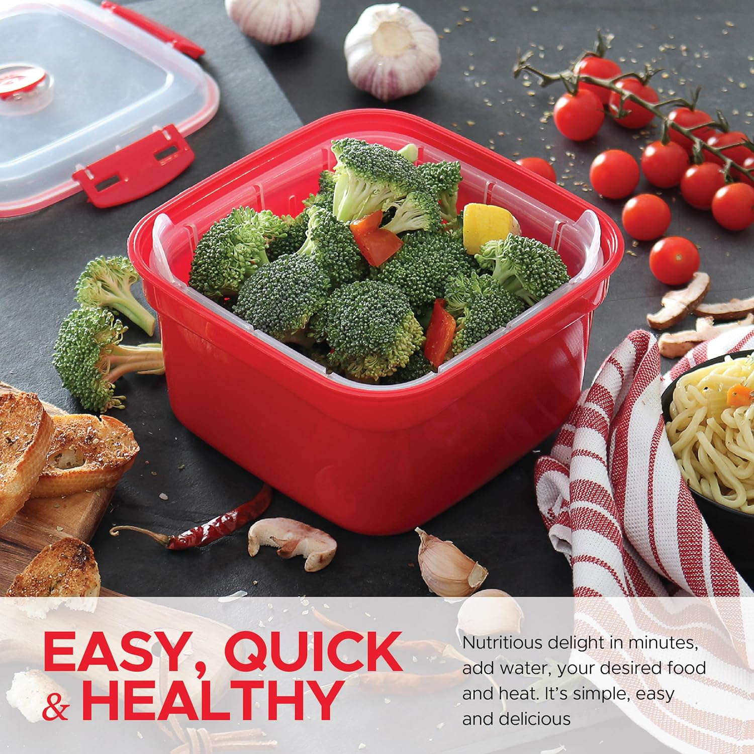 3 Piece Microwave Steamer Basket with Removable Strainer - 2 Liter Microwave Staemer for Vegetables, Broccoli & Fish - BPA Free Veggie Steamer with Airtight Locking Lid image number 4