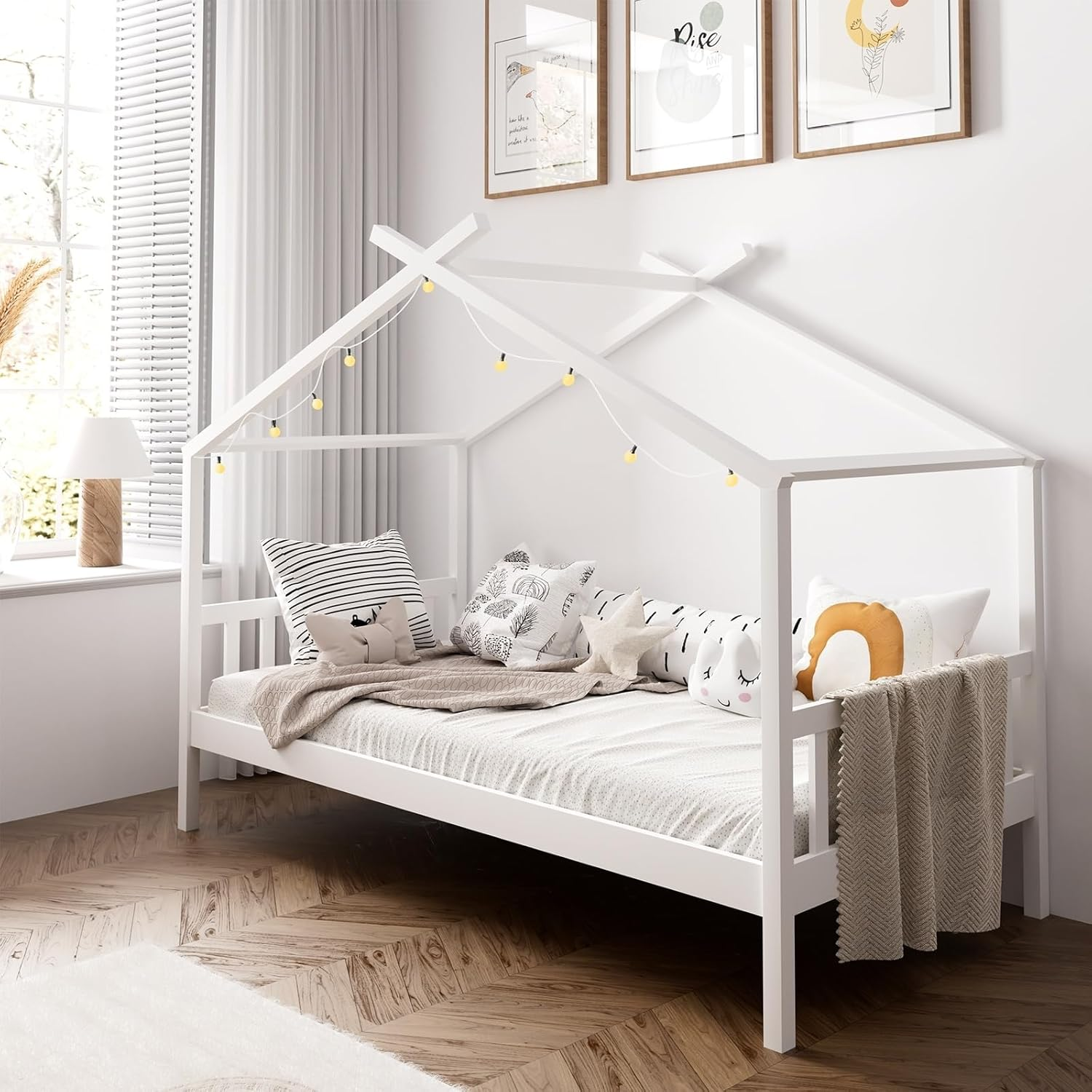 Oikiture Kids Single Bed Frame with Wooden Timber Base Kids House Wood Mattress Base Platform, White image number 7