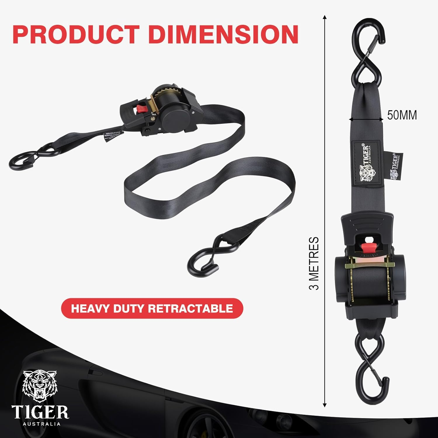 Tiger Australia 50Mm &times; 3M Auto Slow-Retracting Design Ratchet Straps Heavy Duty Use 2-Pack image number 3