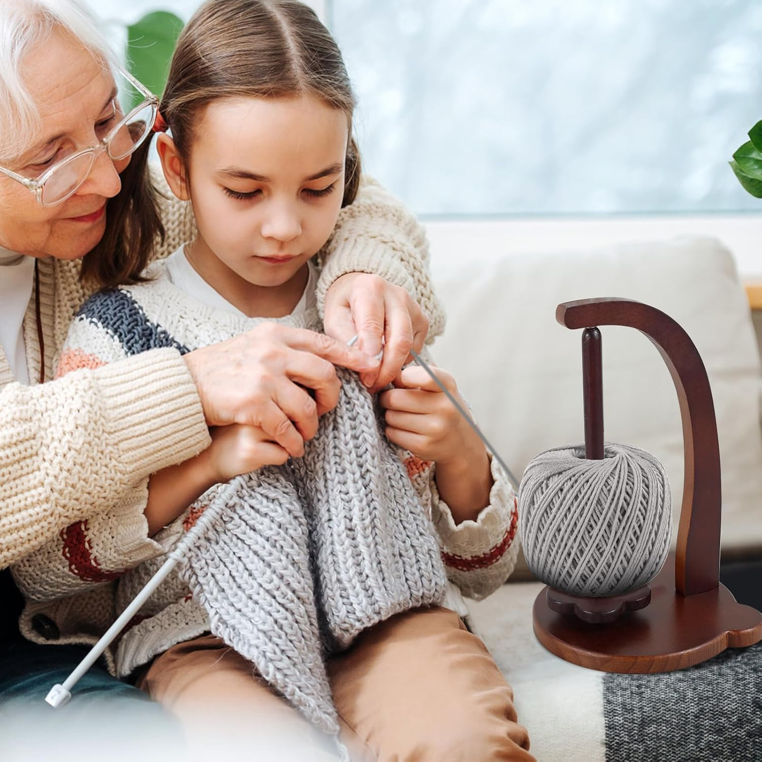 Wooden Yarn Spinner, Yarn Holder for Knitting and Crocheting, Sewing Spindle Thread Holder for Crochet Well, Girls, Women (Vintage Color) image number 1