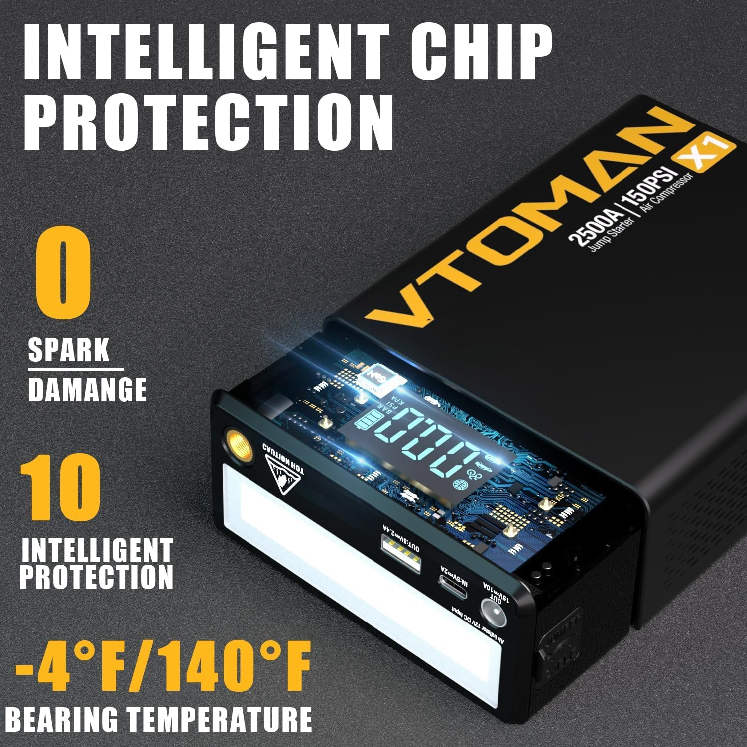 VTOMAN X1 Jump Starter with Air Compressor, 2500A Portable Battery Booster (Up to 8.5L Gas/6L Diesel Engines) with 150PSI Digital Tire Inflator, 12V Power Pack Car Jump Box Charger with LCD Display image number 5