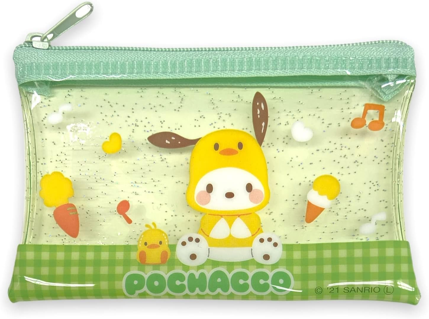 Friend Sanrio Pochacco Accessories Cosmetic Flat Vinyl Mini Pouch Zipper Case Bag 4.7 in (W) &times; 3.0 in (H), Green, Cosmetic Bags image number 3