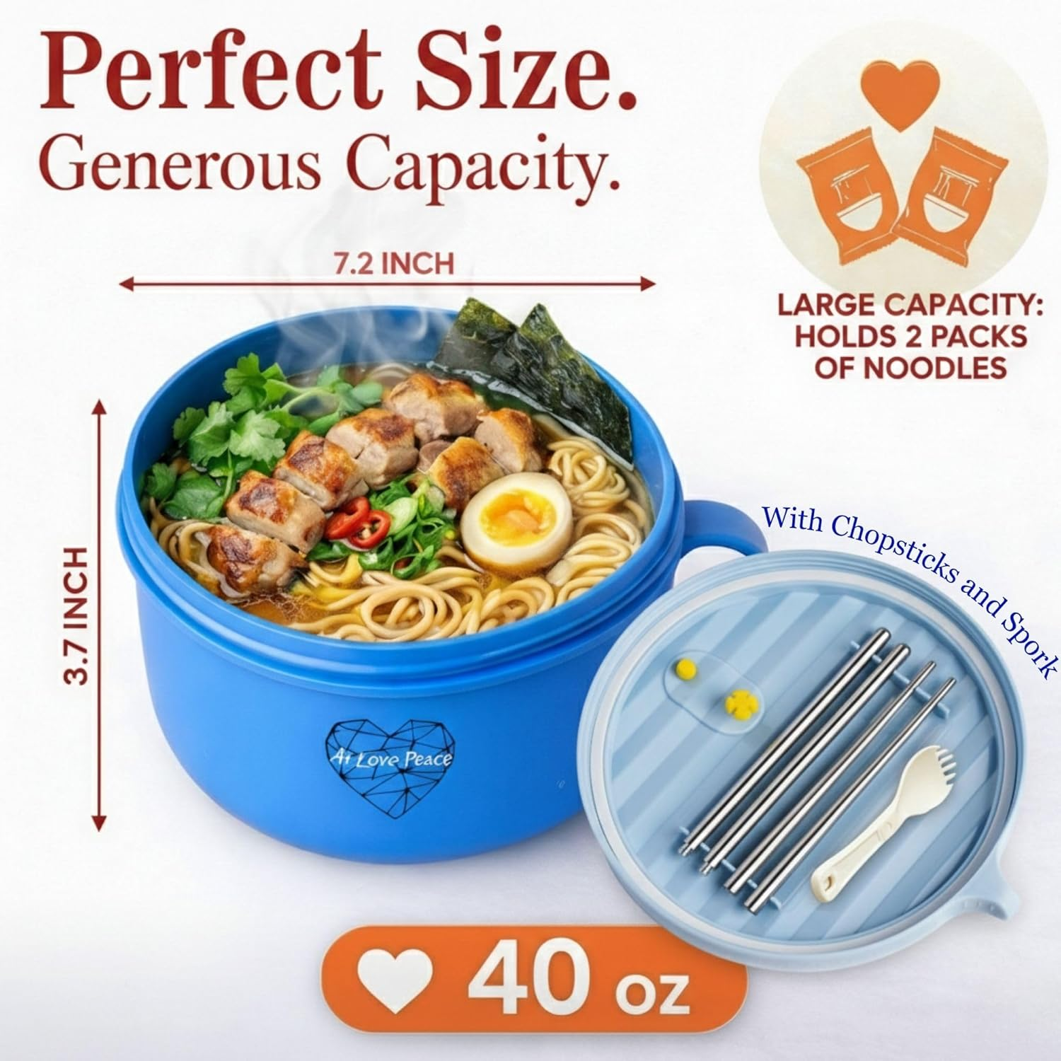 Ai Love Peace Ramen Bowl, 40 Oz Microwaveable Noodle Cooker for Ramen, Pho, Soup, and Pasta, Dishwasher Safe and Portable, Ideal for Home, Office, Dorm, or Gift (Blue) image number 2