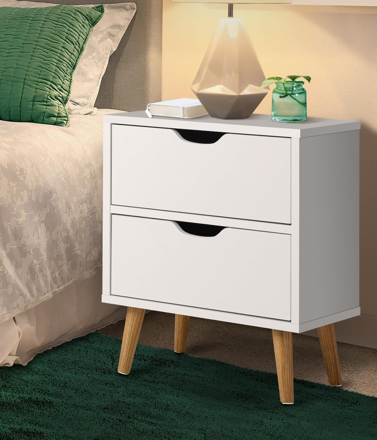 OIKITURE Wooden Nightstand with Handles, Bedside Table with 2 Drawers, Side Table Storage Cabinet for Bedroom Living Room Office, Home Furniture Organiser, White