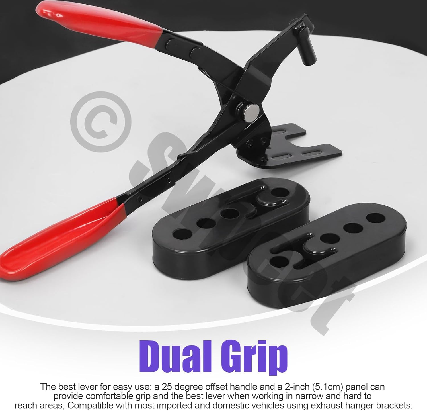 Swpeet 3Pcs 10 Inch Exhaust Hanger Removal Pliers and 4 Hole Exhaust Hanger Rubber Set, Universal Exhaust Insulators Muffler Hangers Removal Tool, 25 Degree Offset for Access in Hard to Reach Place image number 1