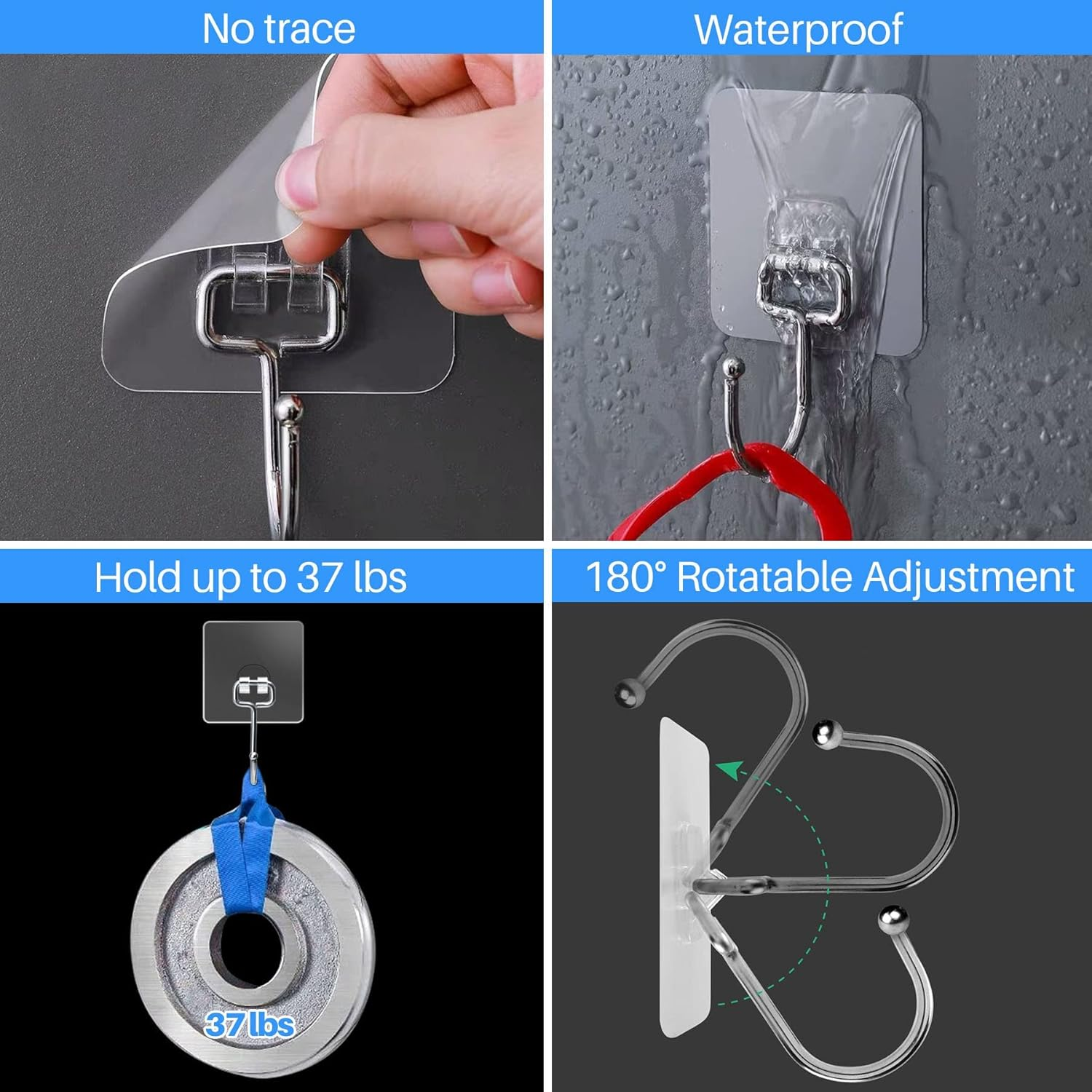 10-Pack All-Purpose Large Adhesive Hooks for Hanging, Heavy Duty Hold 37 Lb(Max) Waterproof Stick on Wall Hooks for Organization