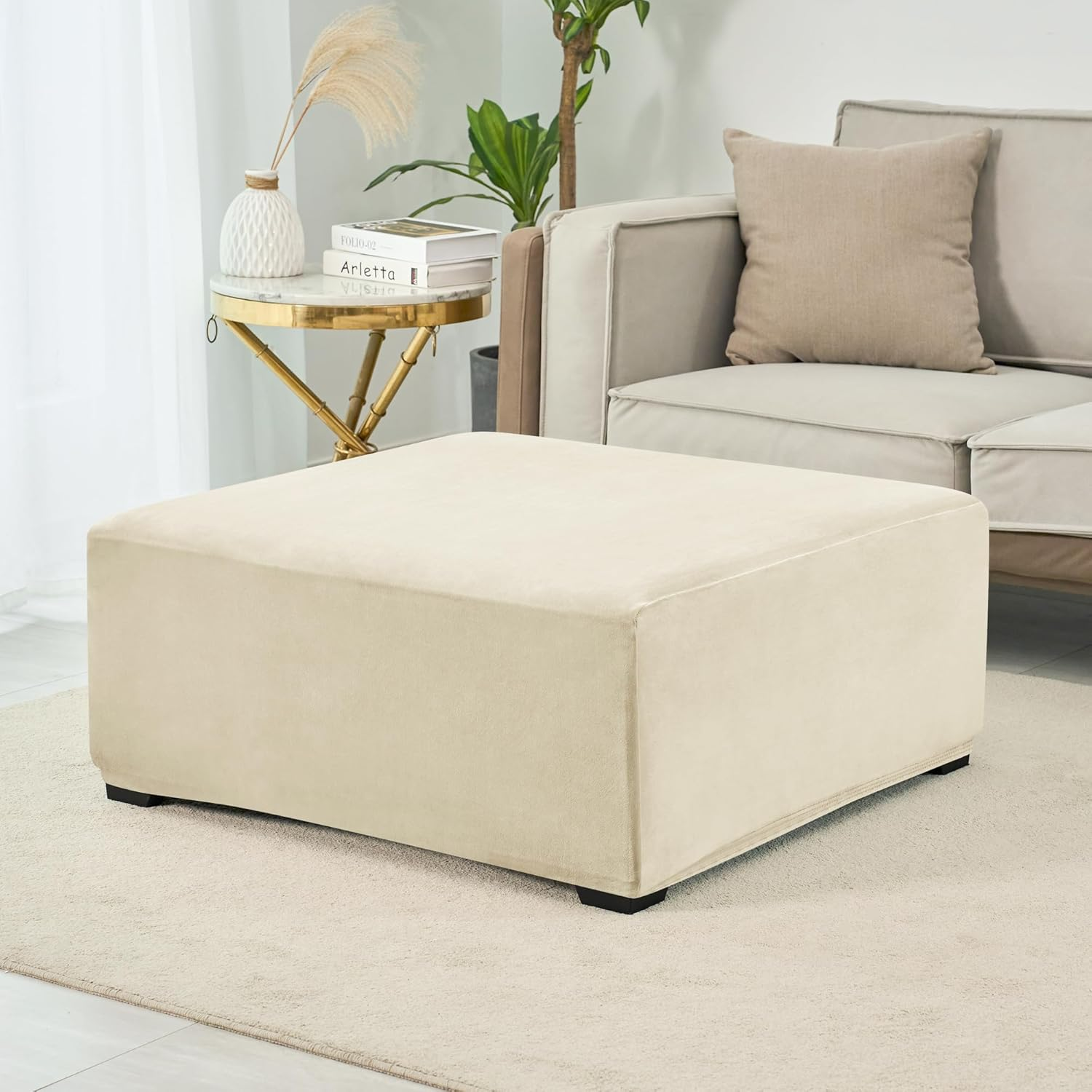 HFCNMY Velvet Ottoman Slipcover - Thick, Washable, Elastic Bottom, Living Room Beige