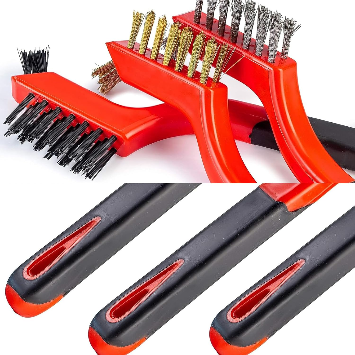 Wire Brush 3Pcs Metal Scrubber - Nylon/Brass/Stainless Steel Bristles with Curved Handle Grip for Cleaning Rust Removal, Dirt, Paint Scrubbing with Deep Cleaning &ndash; 7 Inches image number 2