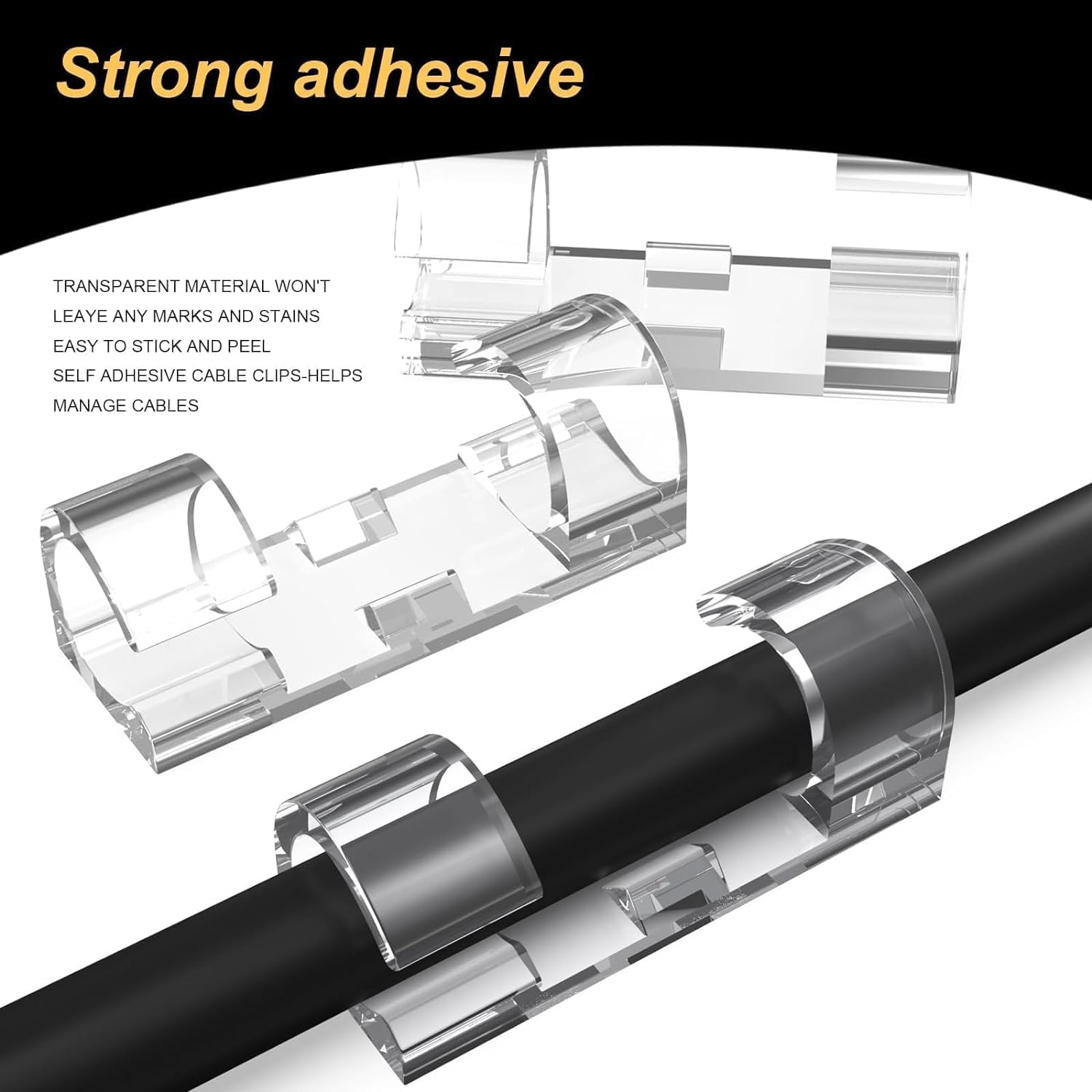 60 Pieces Cable Clips, Cable Management Clips, Strong Self Adhesive Cord Holder, Heavy Duty Wire Holder, Durable Finisher Wire Clamp, for Cable Management, USB Charging Cable (Transparent) image number 2