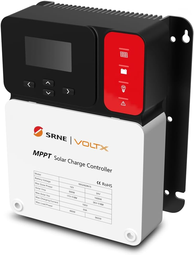 SRNE VOLTX 60A MPPT Solar Charge Controller 12V/24V Adjustable LCD Display Solar Panel Regulator for Gel Sealed Flood and Lithium Batteries image number 1
