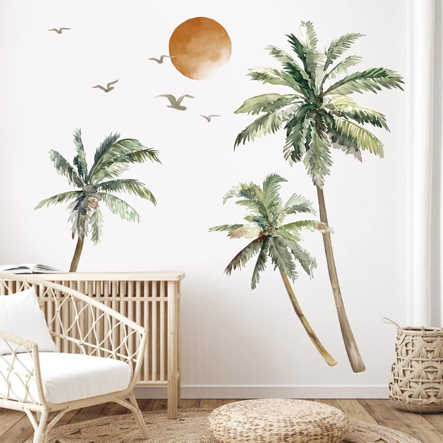 Wondever Boho Palm Tree Wall Stickers Large Tropical Sunset Peel and Stick Art Decals for Living Room Bedroom TV Background (H: 63.8 Inch) (WD-232-0148A)