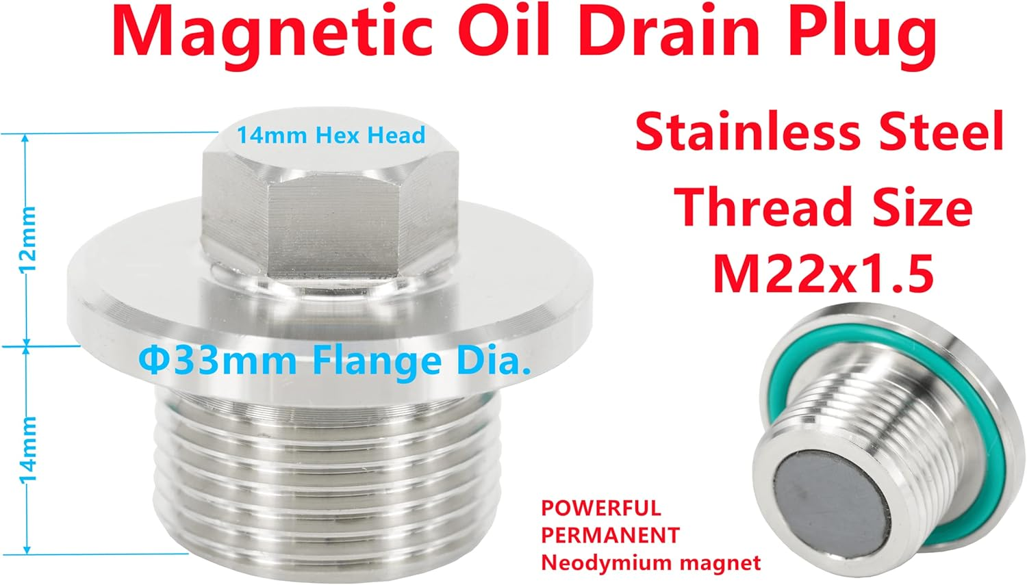 Dsnaduo 1 Pc M22X1.5 Stainless Steel Magnetic Transmission Front/Rear Differential Gearbox Oil Fill and Drain Plug Fit for BMW, Mini Cooper, John Deere, KTM, Replace 33117525064, HWP0065 image number 2