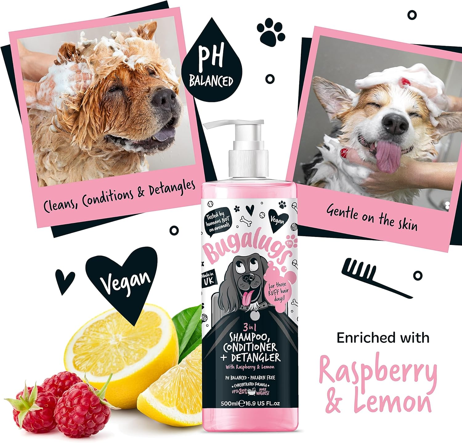 BUGALUGS Dog Shampoo 3 in 1 Shampoo, Conditioner & Detangler - Raspberry & Lemon Dog Perfume Grooming Products for Smelly Dogs, Best Dog Coat Puppy Shampoo, Pet Accessories (Shampoo 500Ml) image number 3